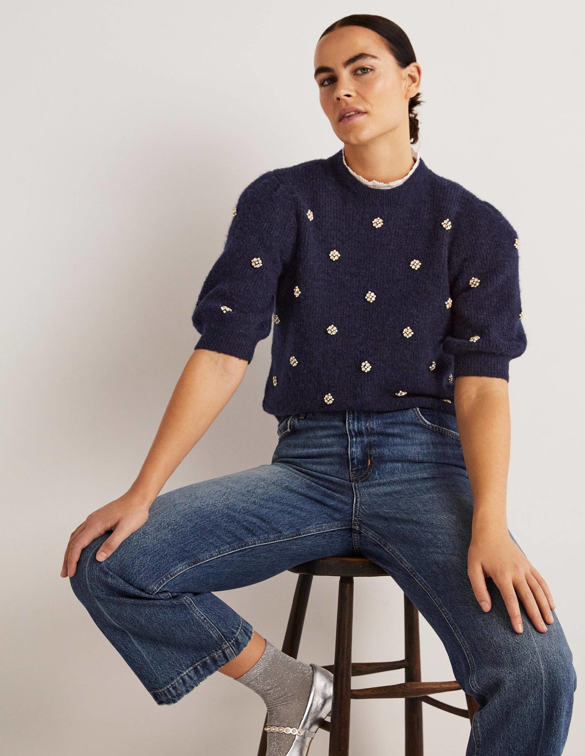 Embellished Fluffy T-shirt-Navy Embellishment-1