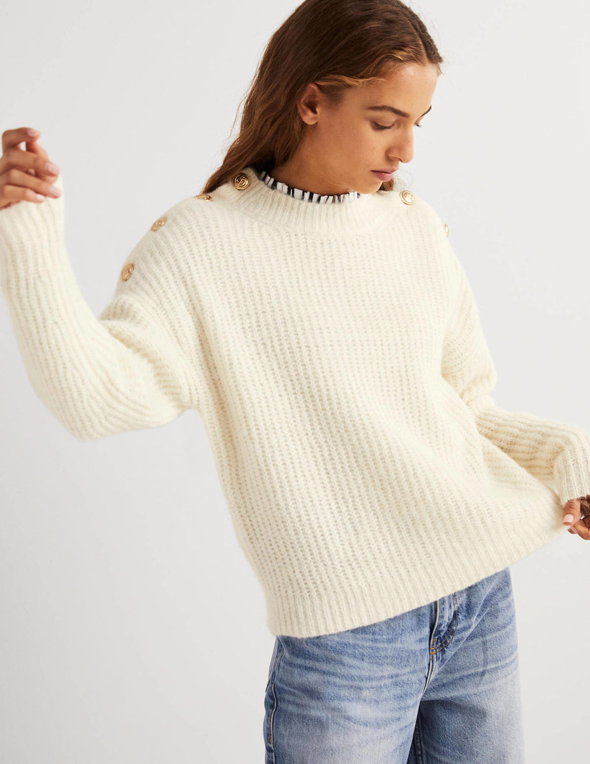 Fluffy Ribbed Button Sweater-Warm Ivory-1