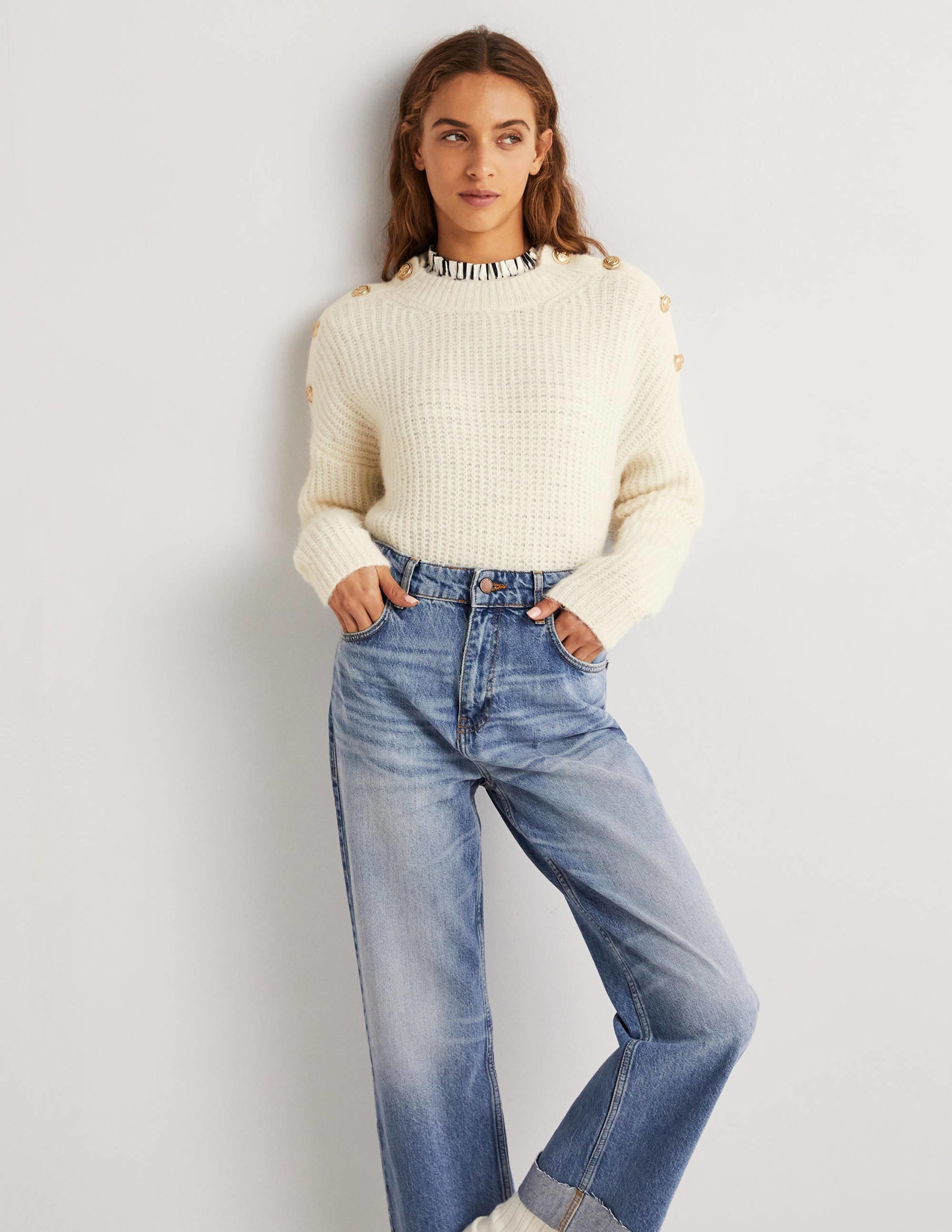 Fluffy Ribbed Button Sweater-Warm Ivory - Image 4