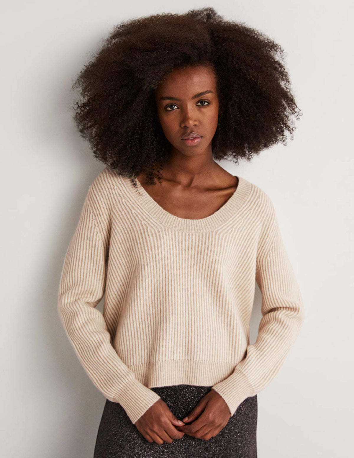 Cashmere Scoop Neck Sweater-Oatmeal Melange, Ivory-4
