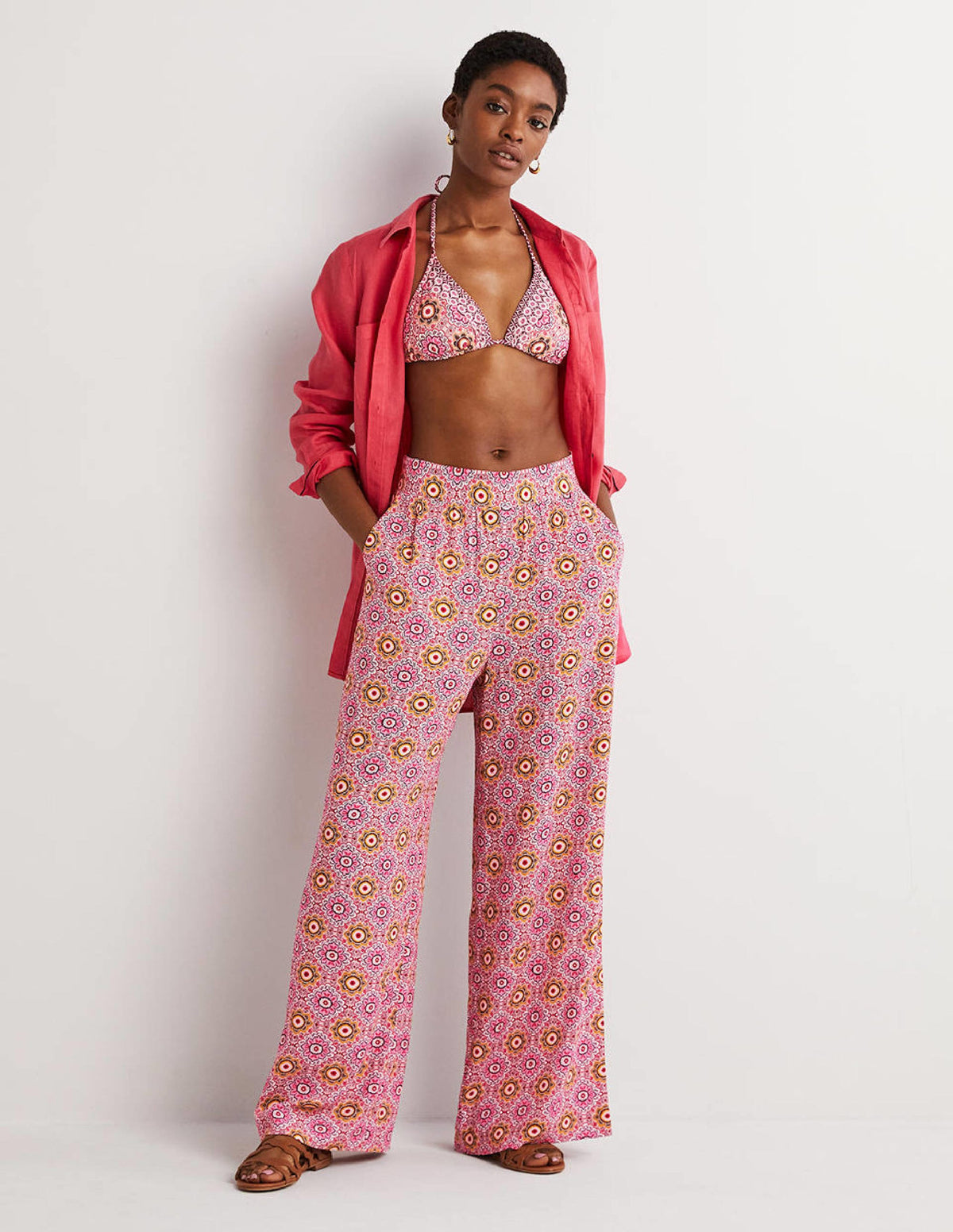 Grace Crinkle Wide Leg Pants-Milkshake, Paradise Garden - Image 1