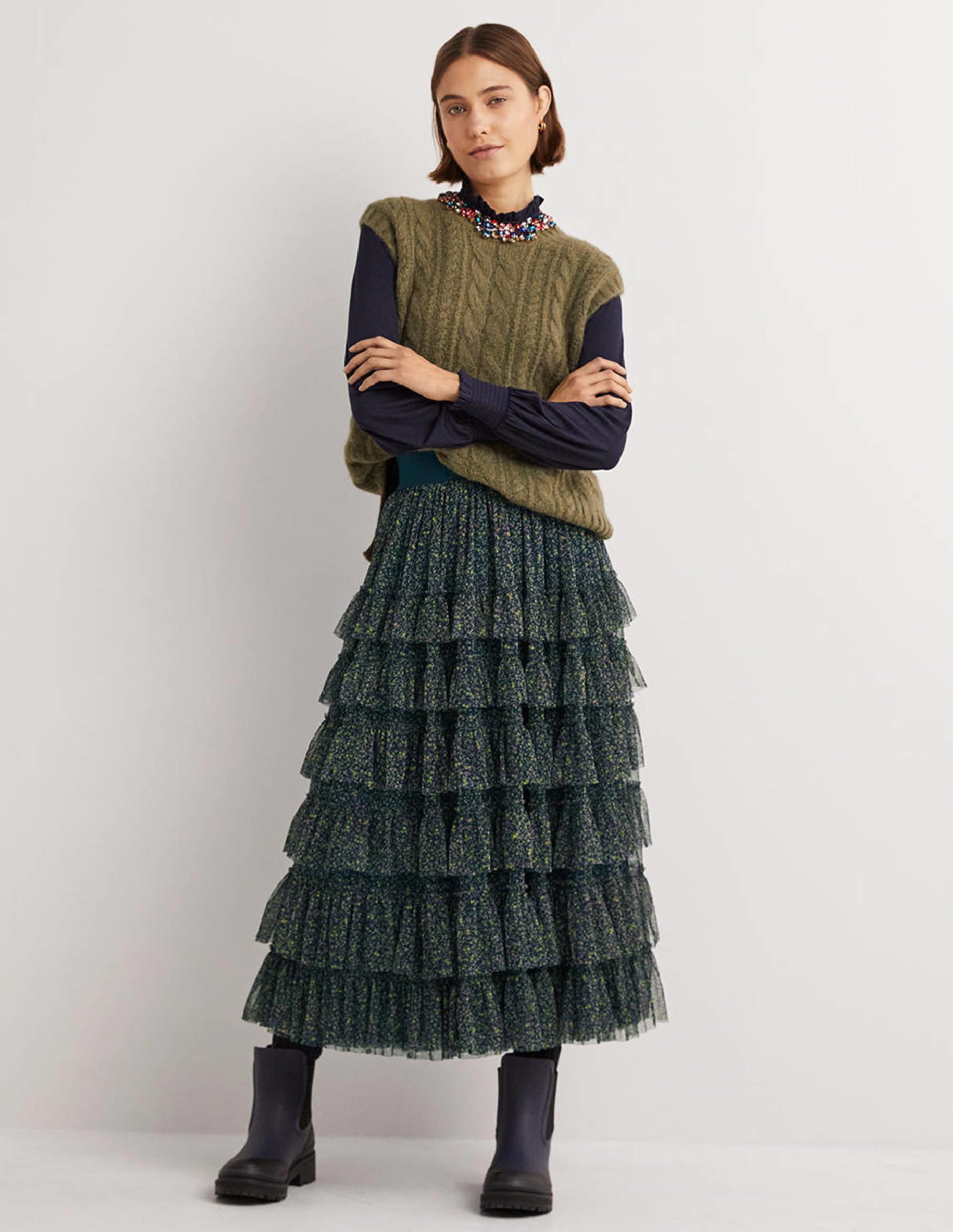 Green Ditsy Floral Tulle Midi Skirt-Seaweed, Wild Vine - Image 1