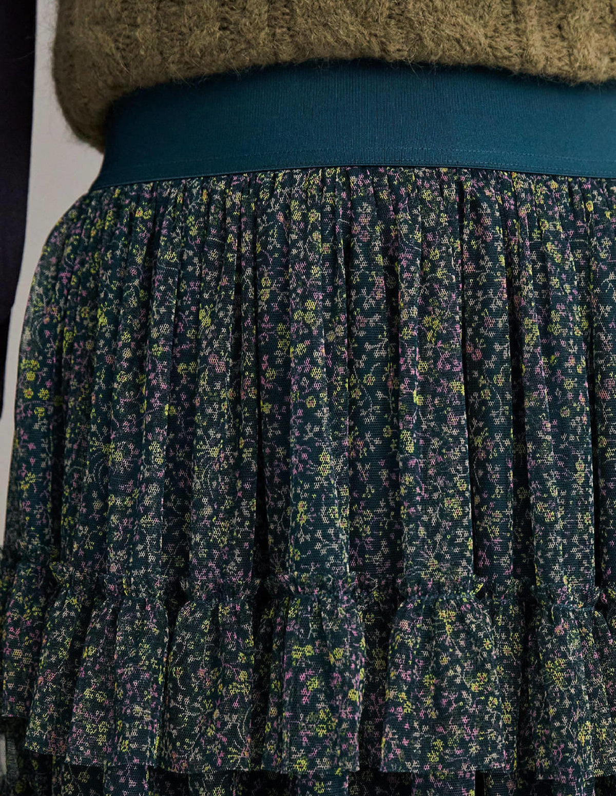 Green Ditsy Floral Tulle Midi Skirt-Seaweed, Wild Vine - Image 2