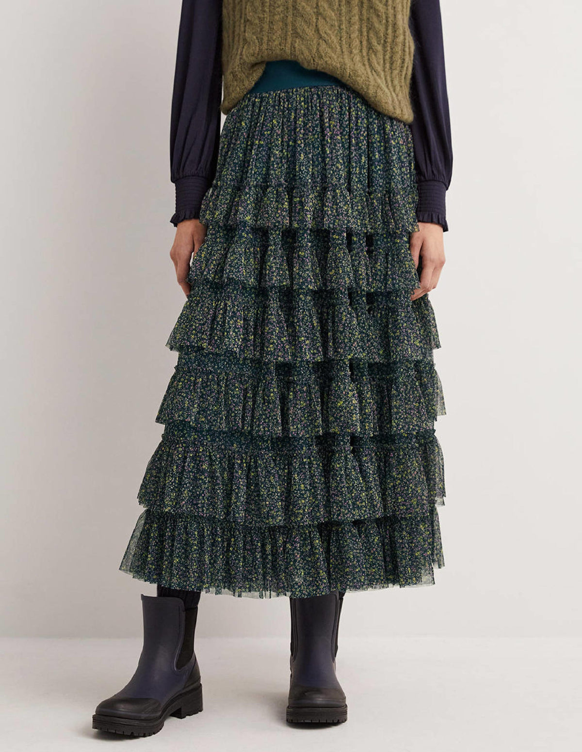 Green Ditsy Floral Tulle Midi Skirt-Seaweed, Wild Vine - Image 3