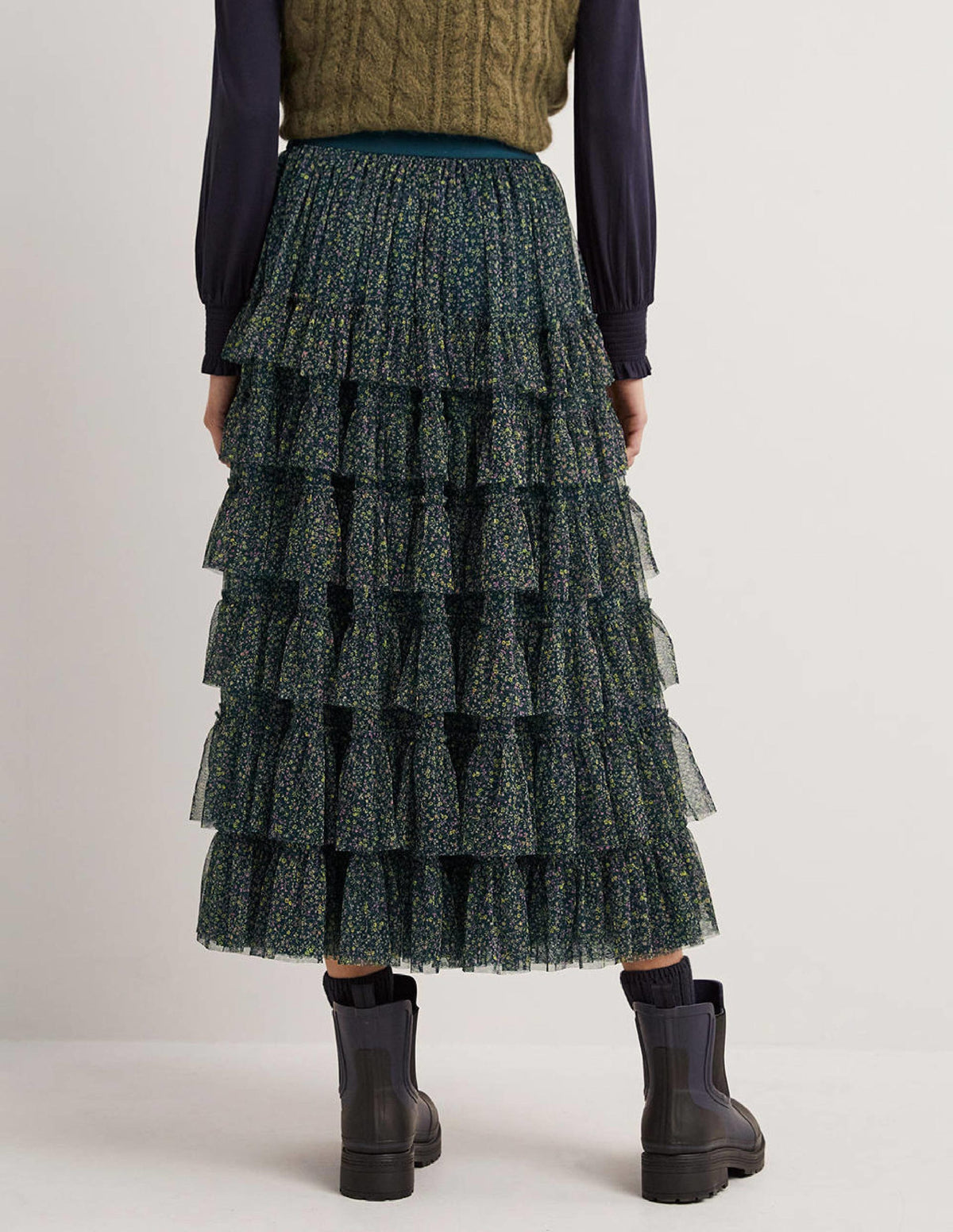 Green Ditsy Floral Tulle Midi Skirt-Seaweed, Wild Vine - Image 4