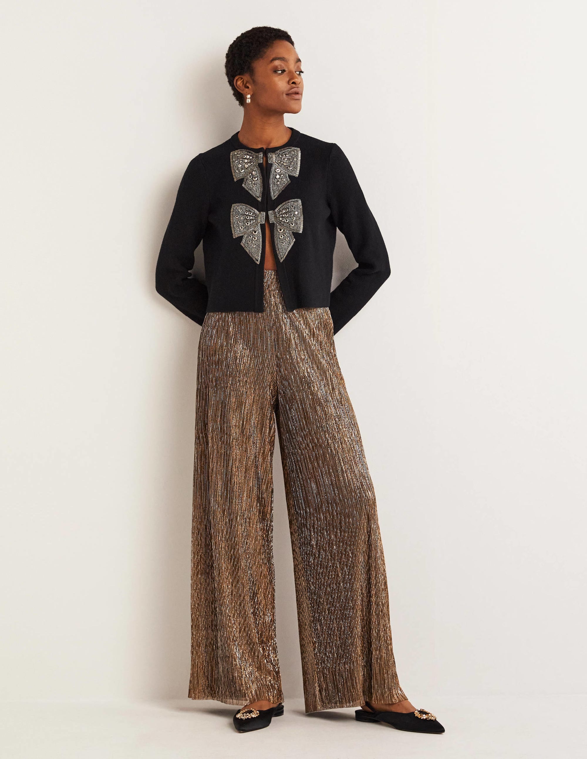 Metallic Palazzo Pants-Gold, Black Lurex - Image 1