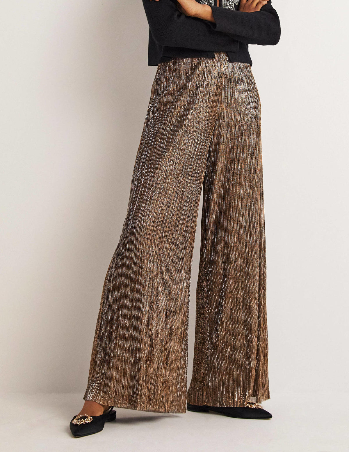 Metallic Palazzo Pants-Gold, Black Lurex - Image 4