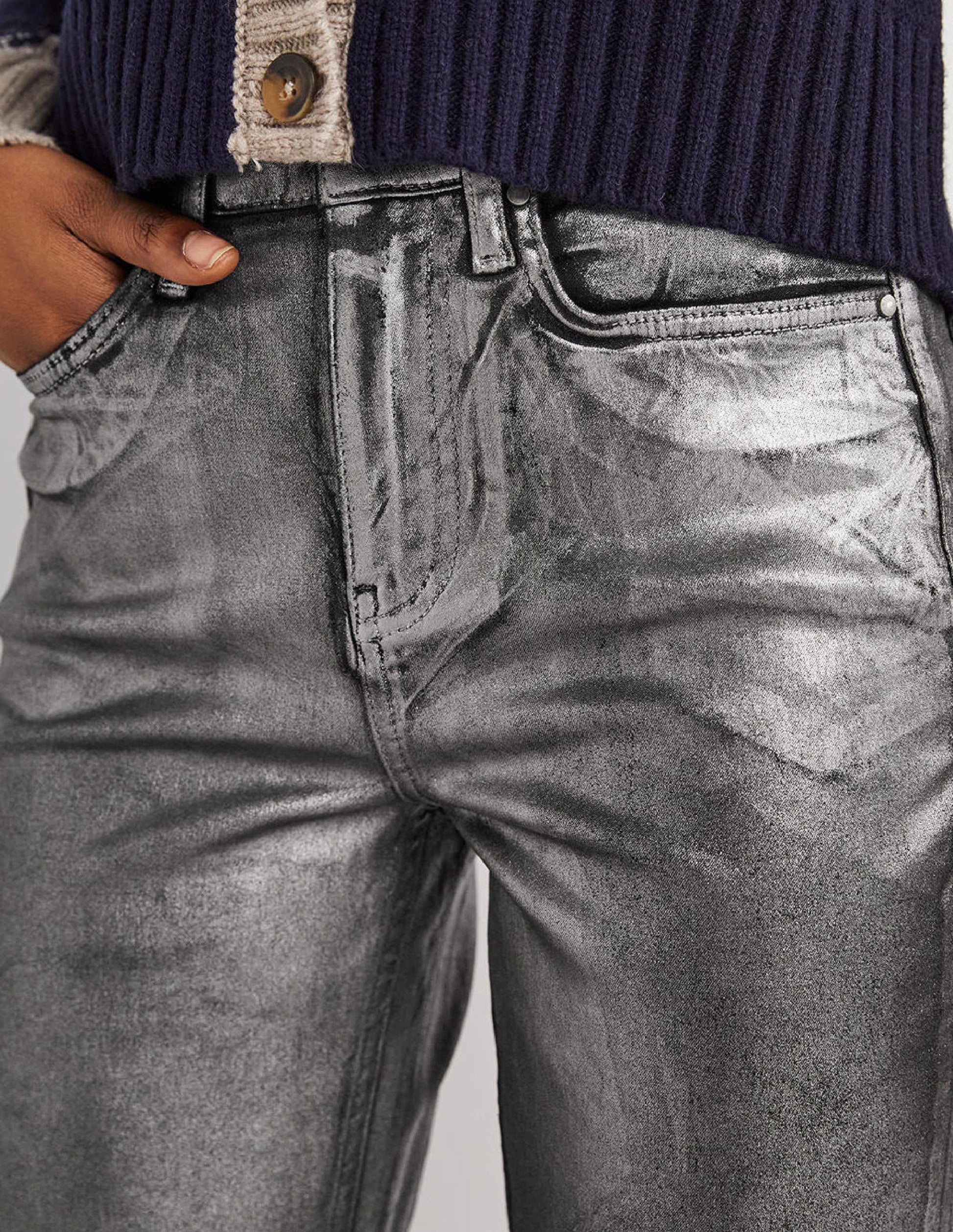 Straight Leg Metallic Trousers-Party Gunmetal Metallic-2