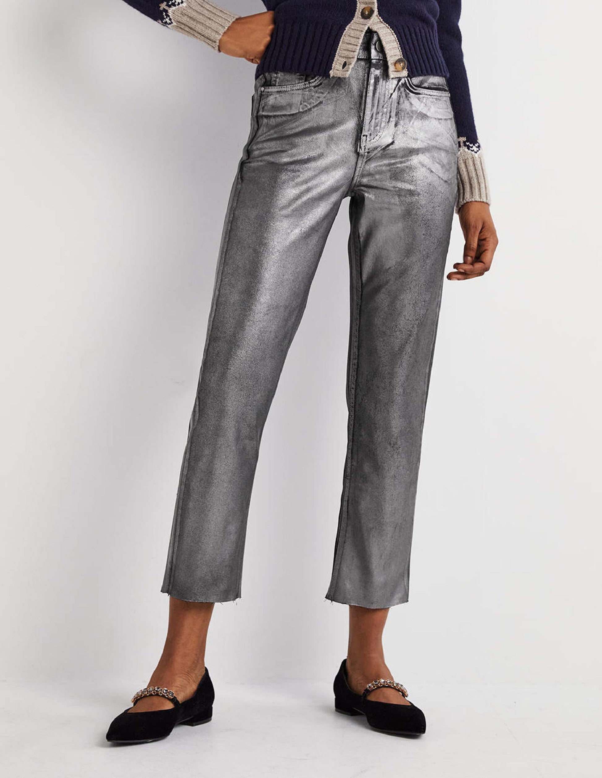 Straight Leg Metallic Trousers-Party Gunmetal Metallic-5