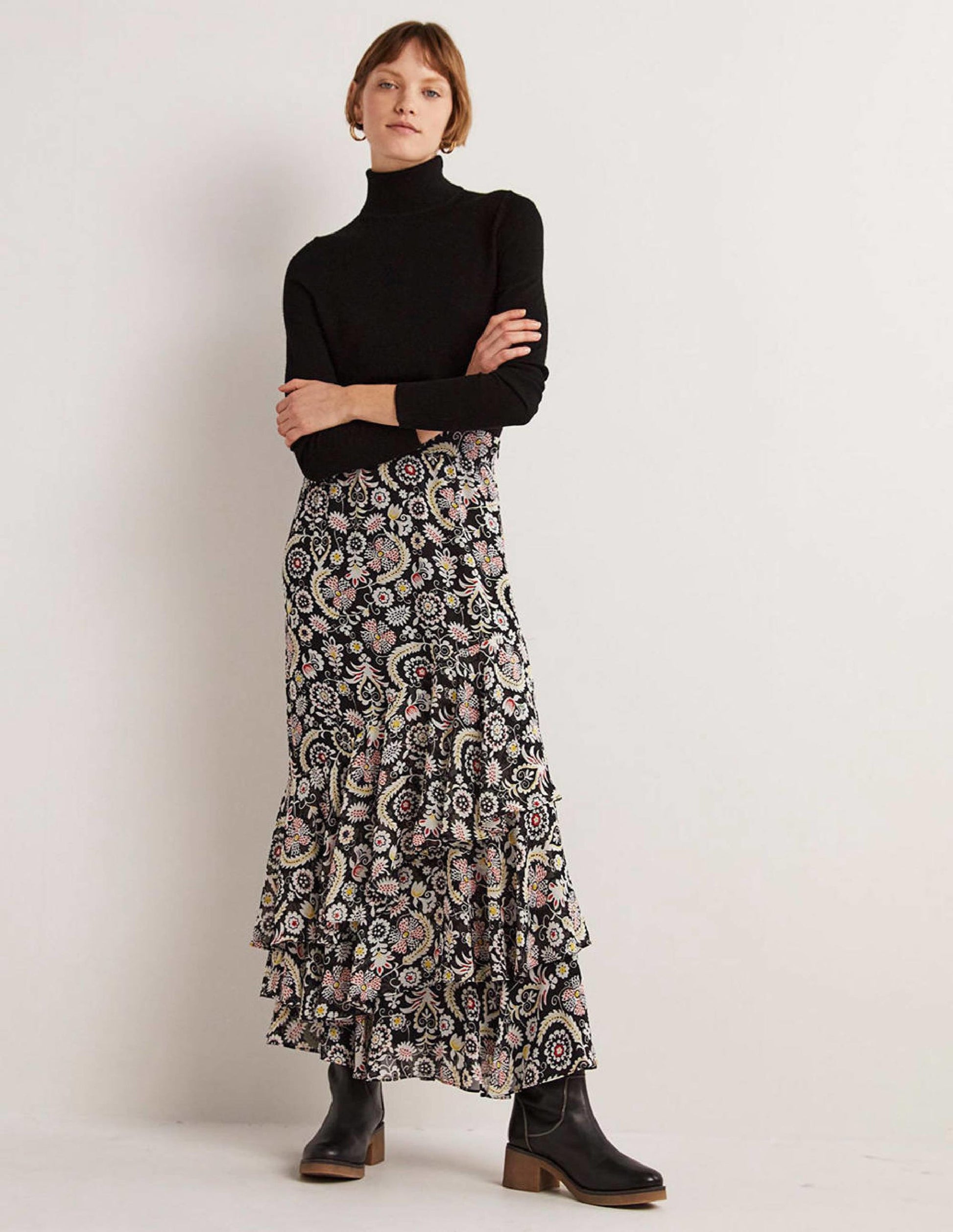 Multi Ruffle Maxi Skirt-Black, Tropic Charm-1
