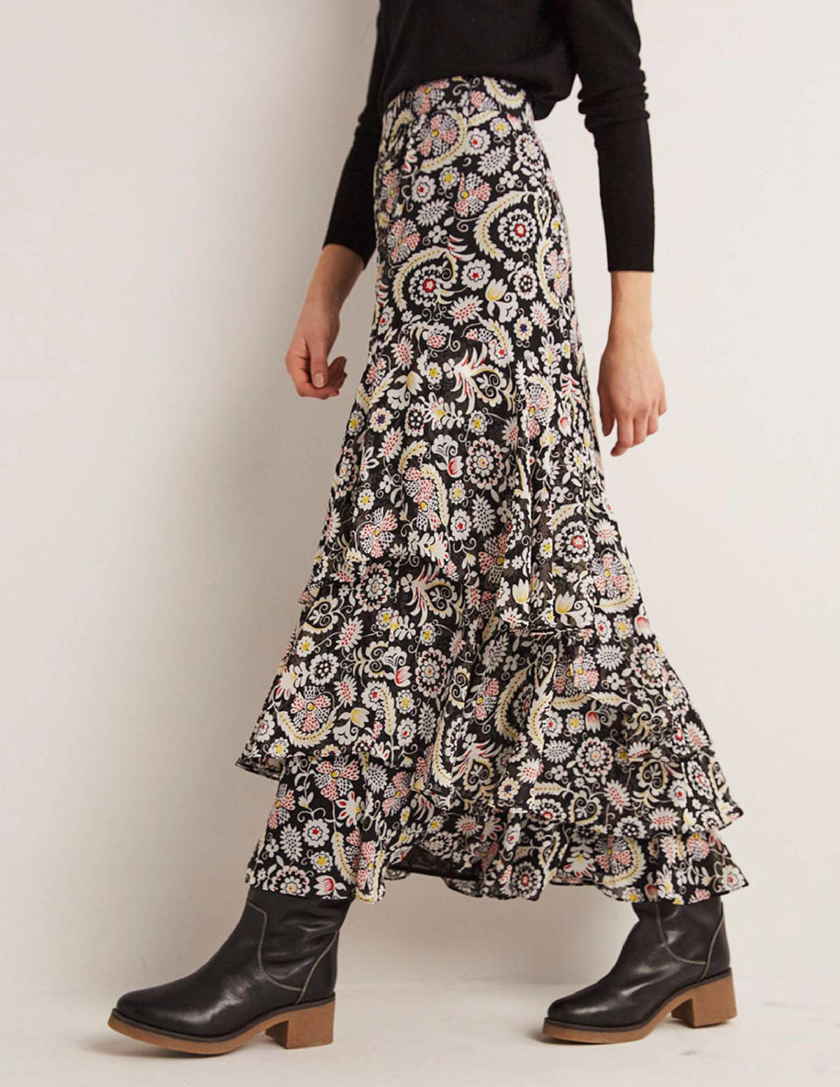 Multi Ruffle Maxi Skirt-Black, Tropic Charm-5