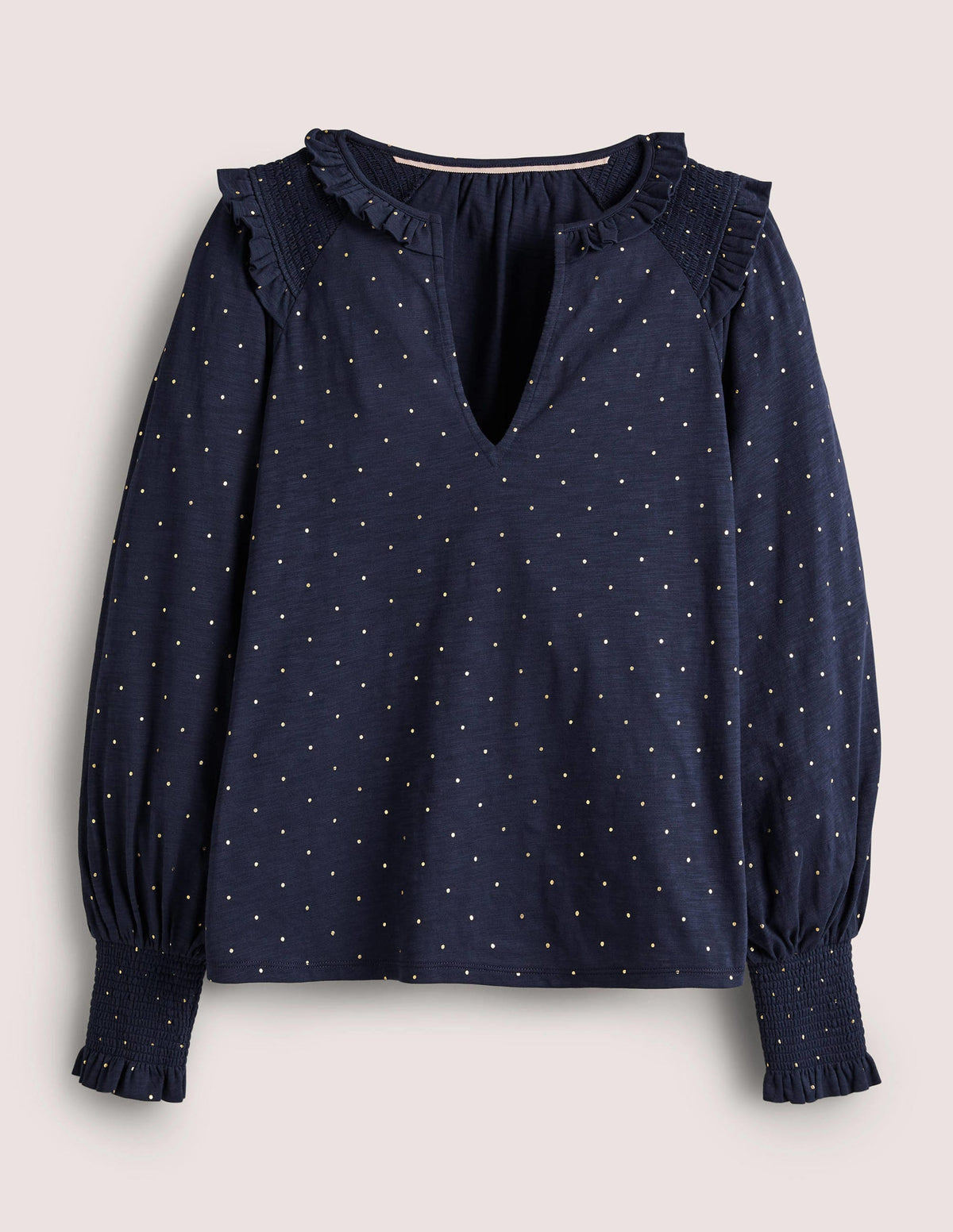 Notch Neck Smocked Frill Top-Navy, Foil Dot - Image 6