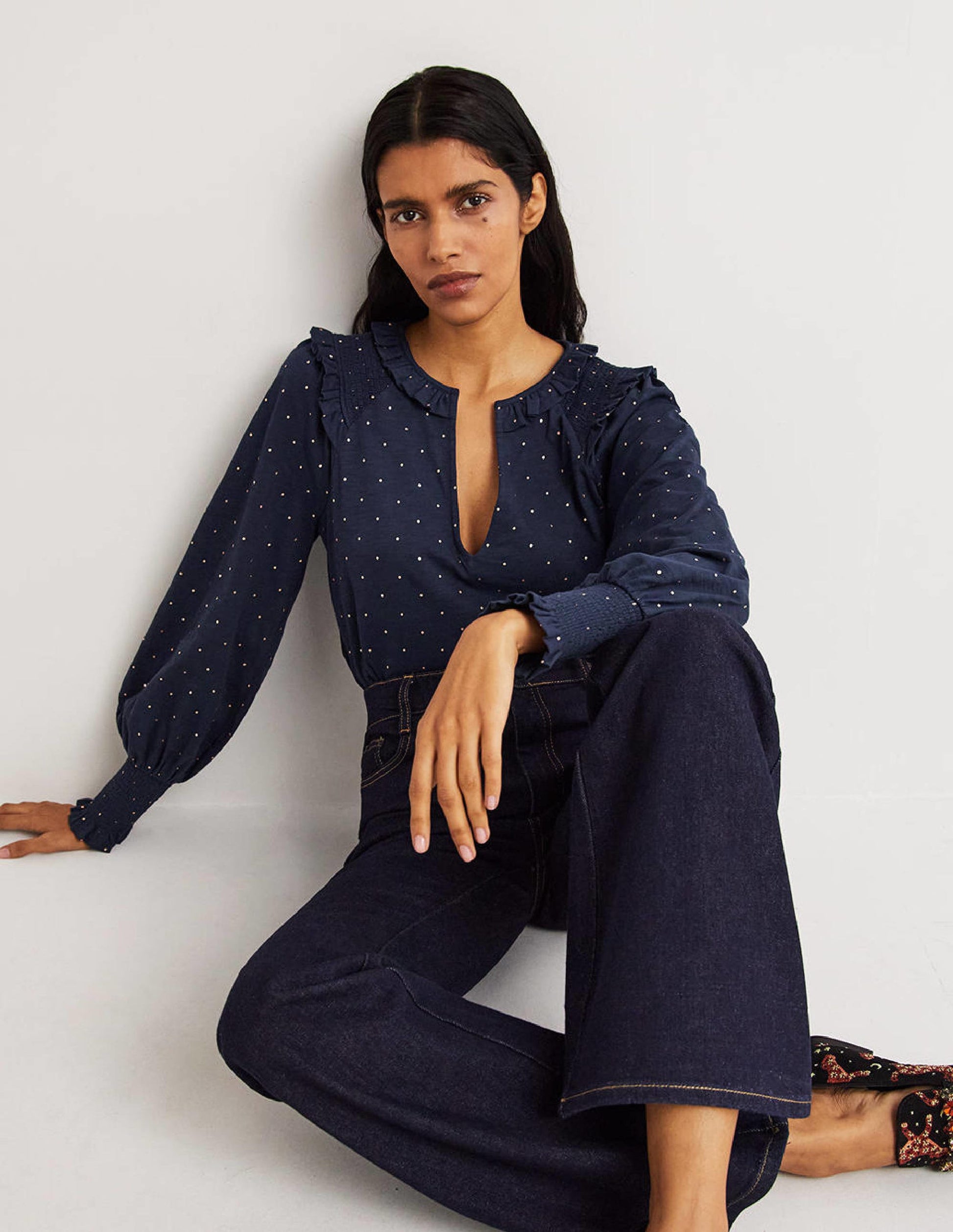 Notch Neck Smocked Frill Top-Navy, Foil Dot-1