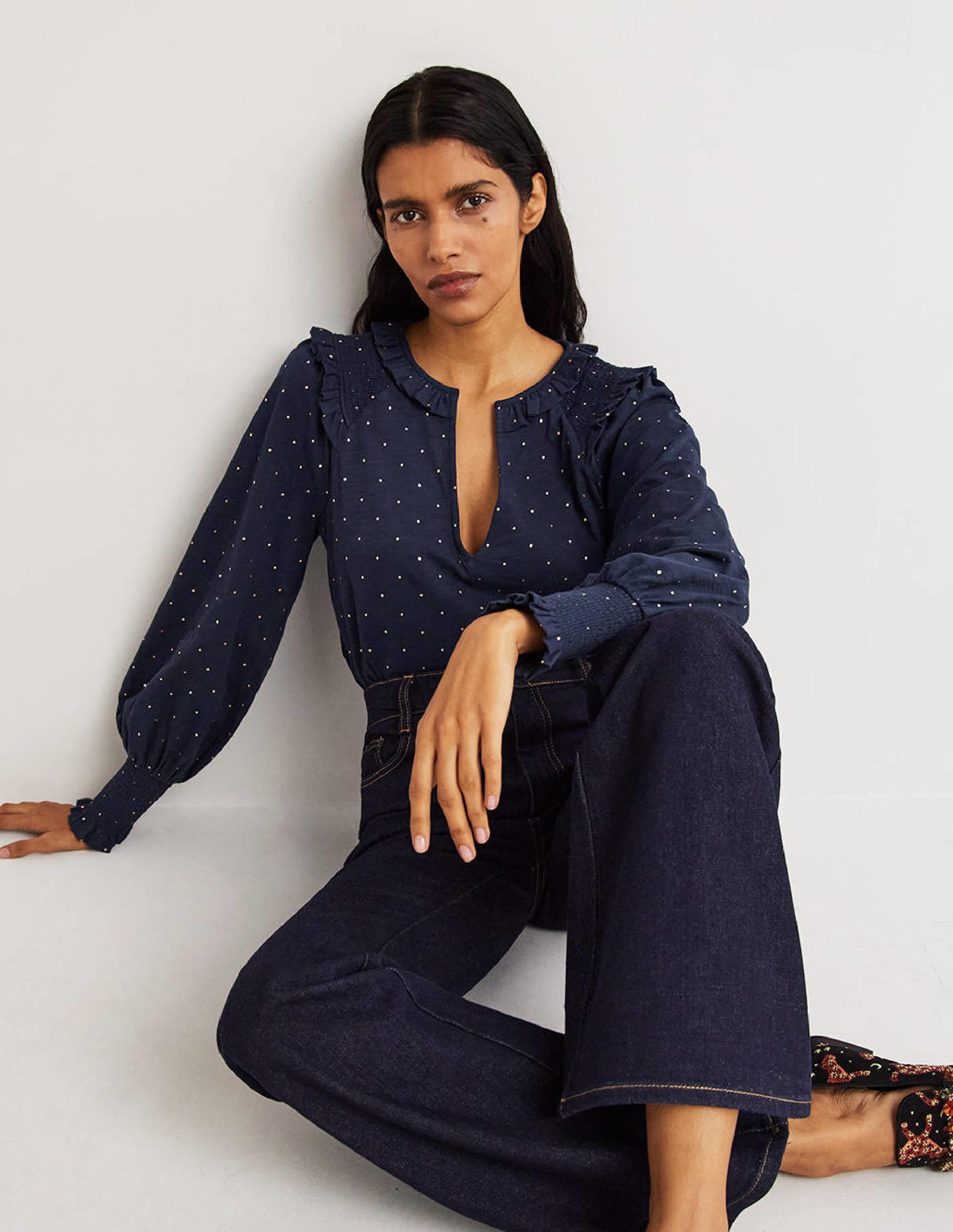 Notch Neck Smocked Frill Top-Navy, Foil Dot - Image 1