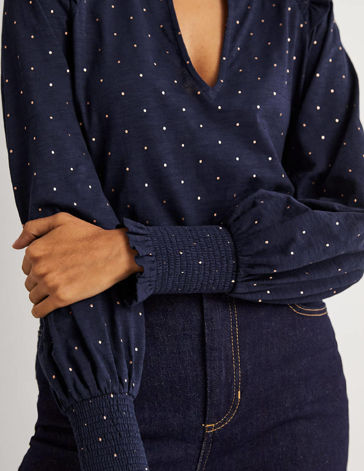 Notch Neck Smocked Frill Top-Navy, Foil Dot - Image 3