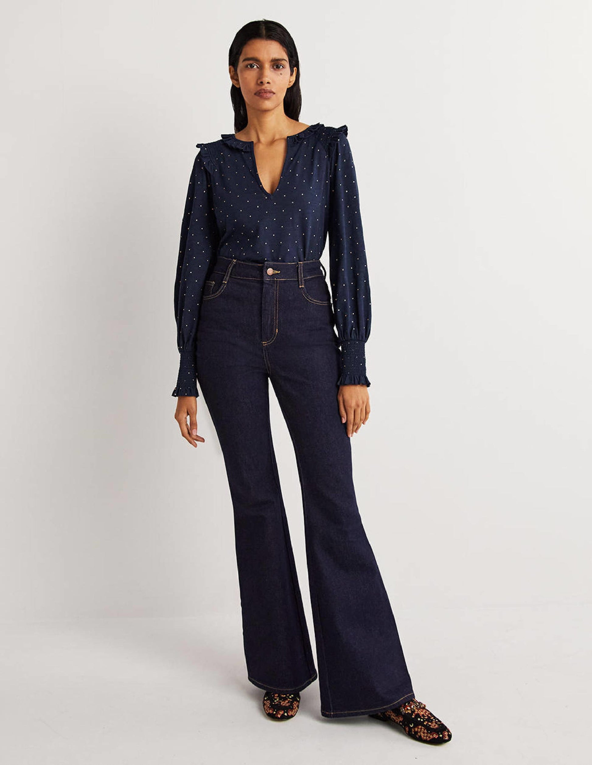 Notch Neck Smocked Frill Top-Navy, Foil Dot-5