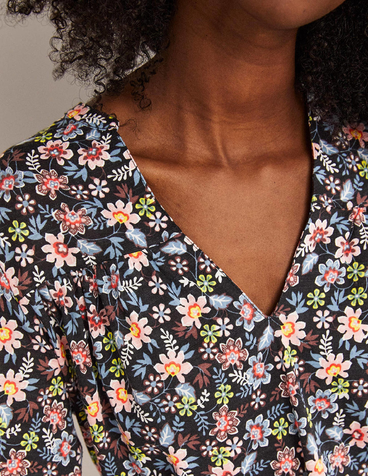 Printed Notch Neck Top-Black, Opulent Leaf - Image 2
