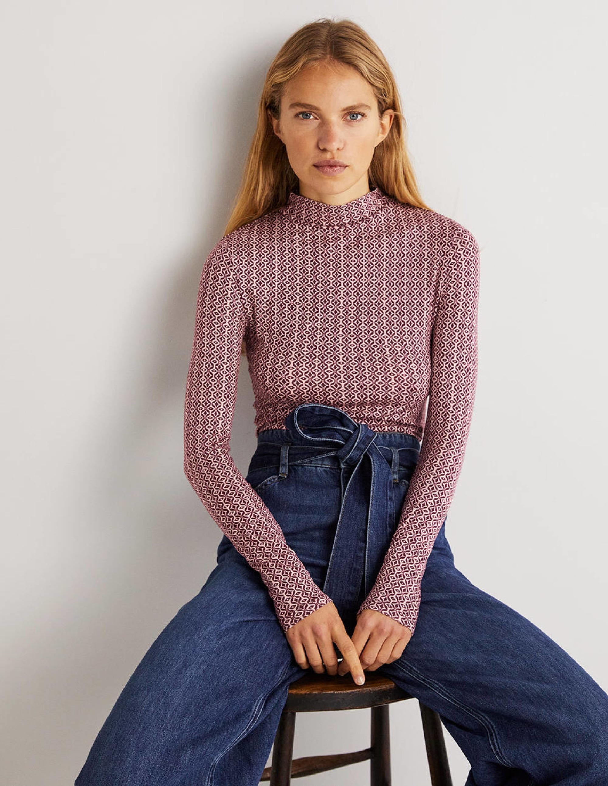 Jersey High Neck Top-Berry, Diamond Swirl - Image 1