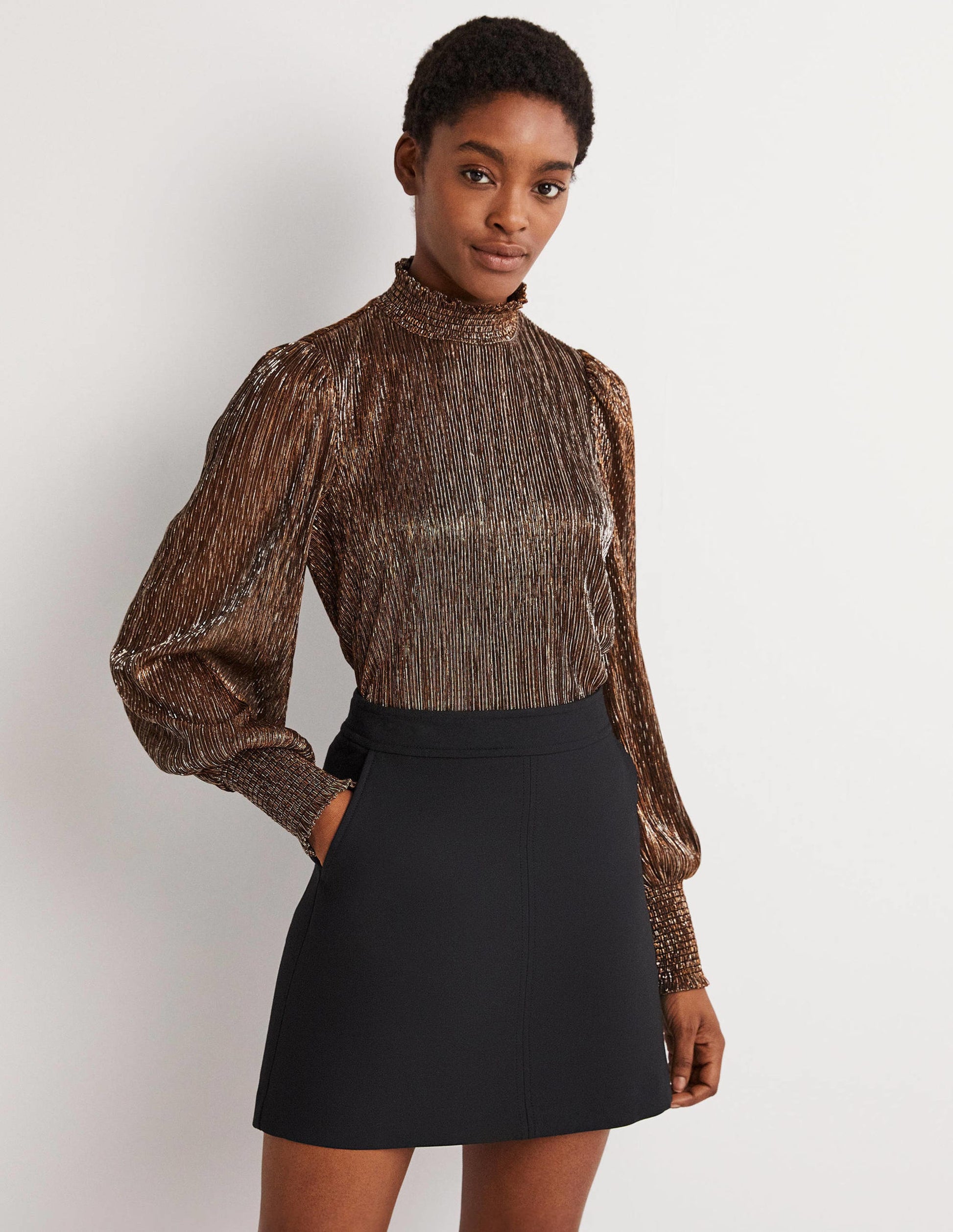 Smocked High Neck Party Top-Metallic Shimmer Plisse-1