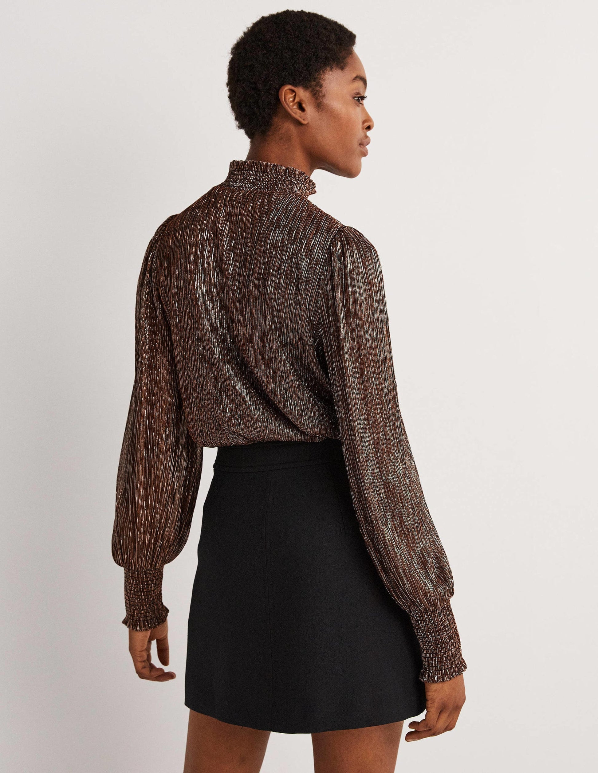 Smocked High Neck Party Top-Metallic Shimmer Plisse-3