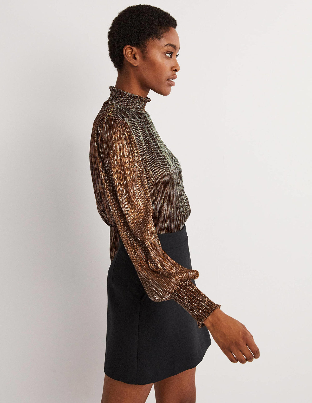 Smocked High Neck Party Top-Metallic Shimmer Plisse - Image 4