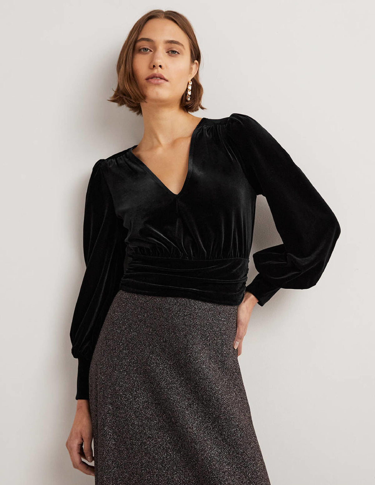 Cropped Velvet Blouson Top-Black - Image 1
