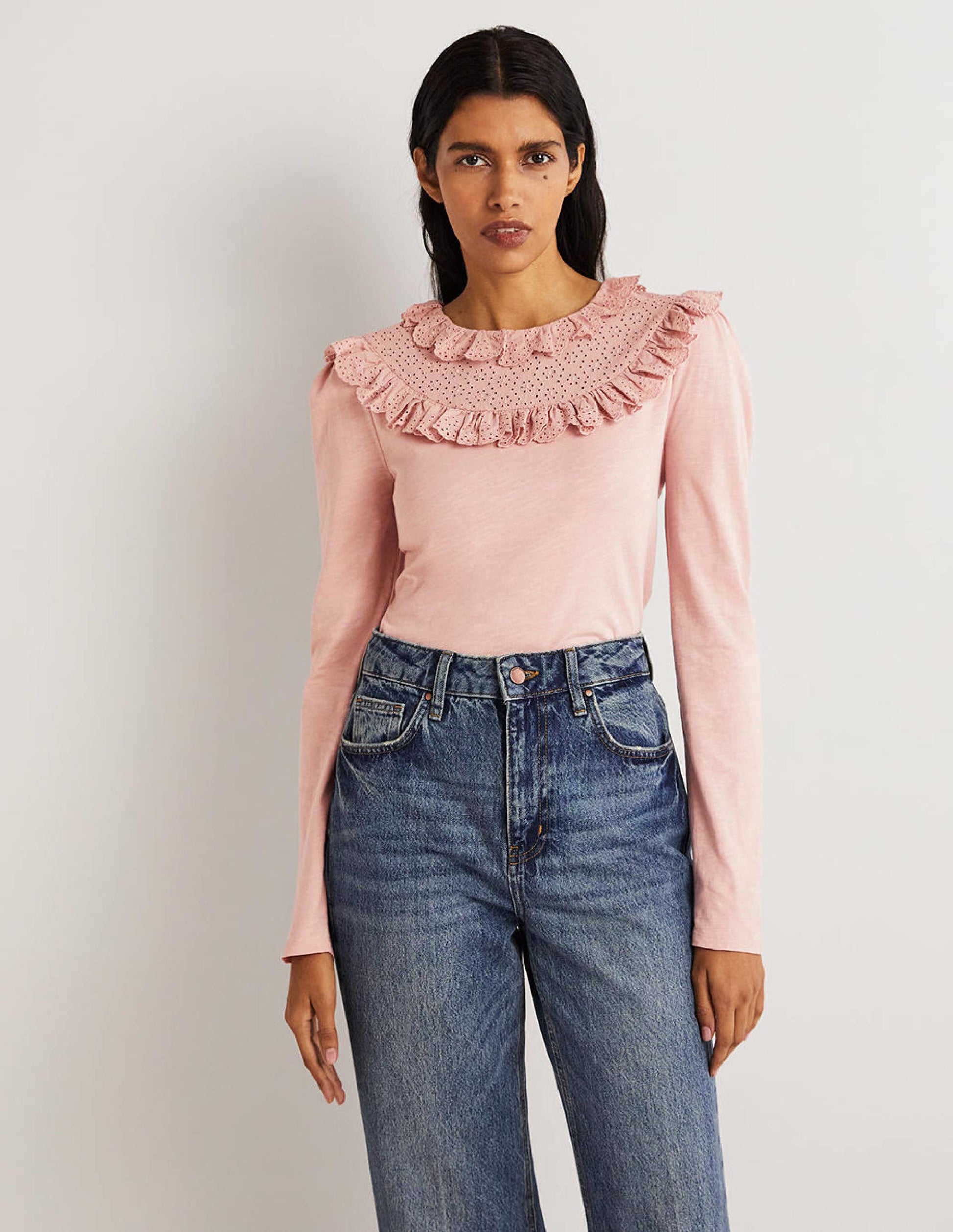 Broderie Yoke Frill Top-Milkshake Pink-1