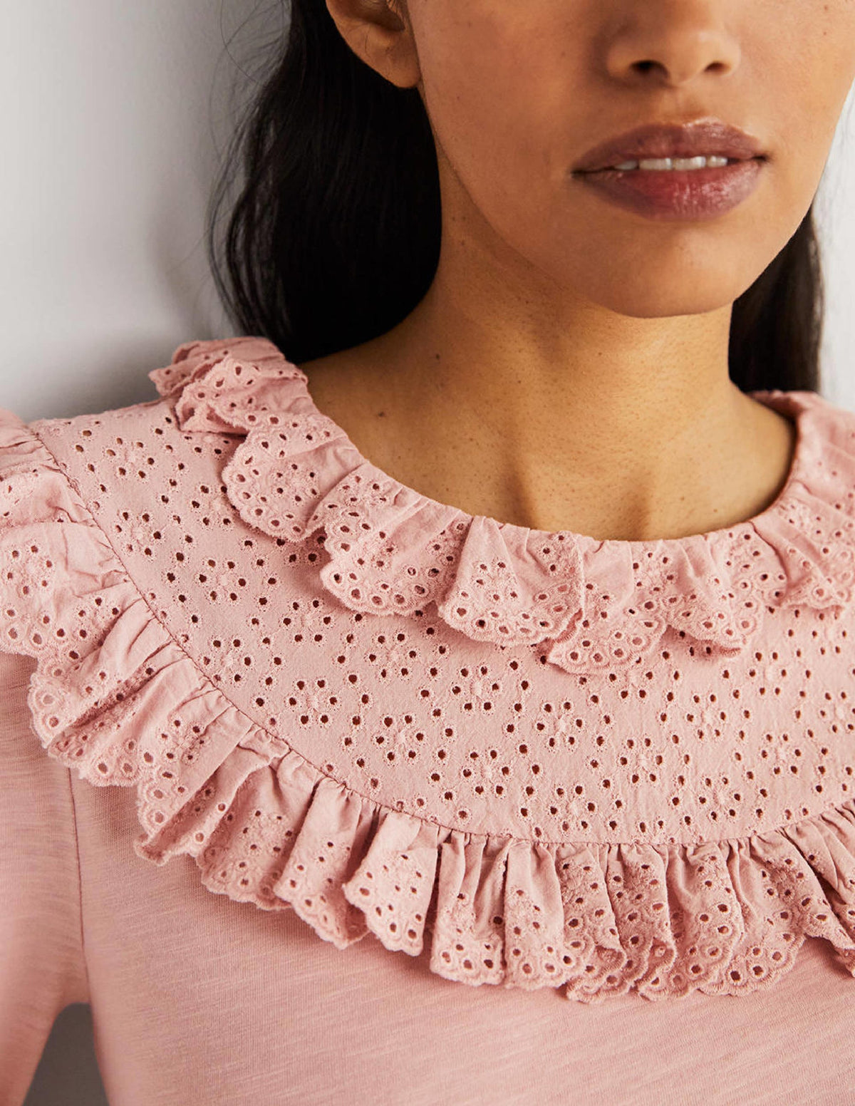Broderie Yoke Frill Top-Milkshake Pink-3