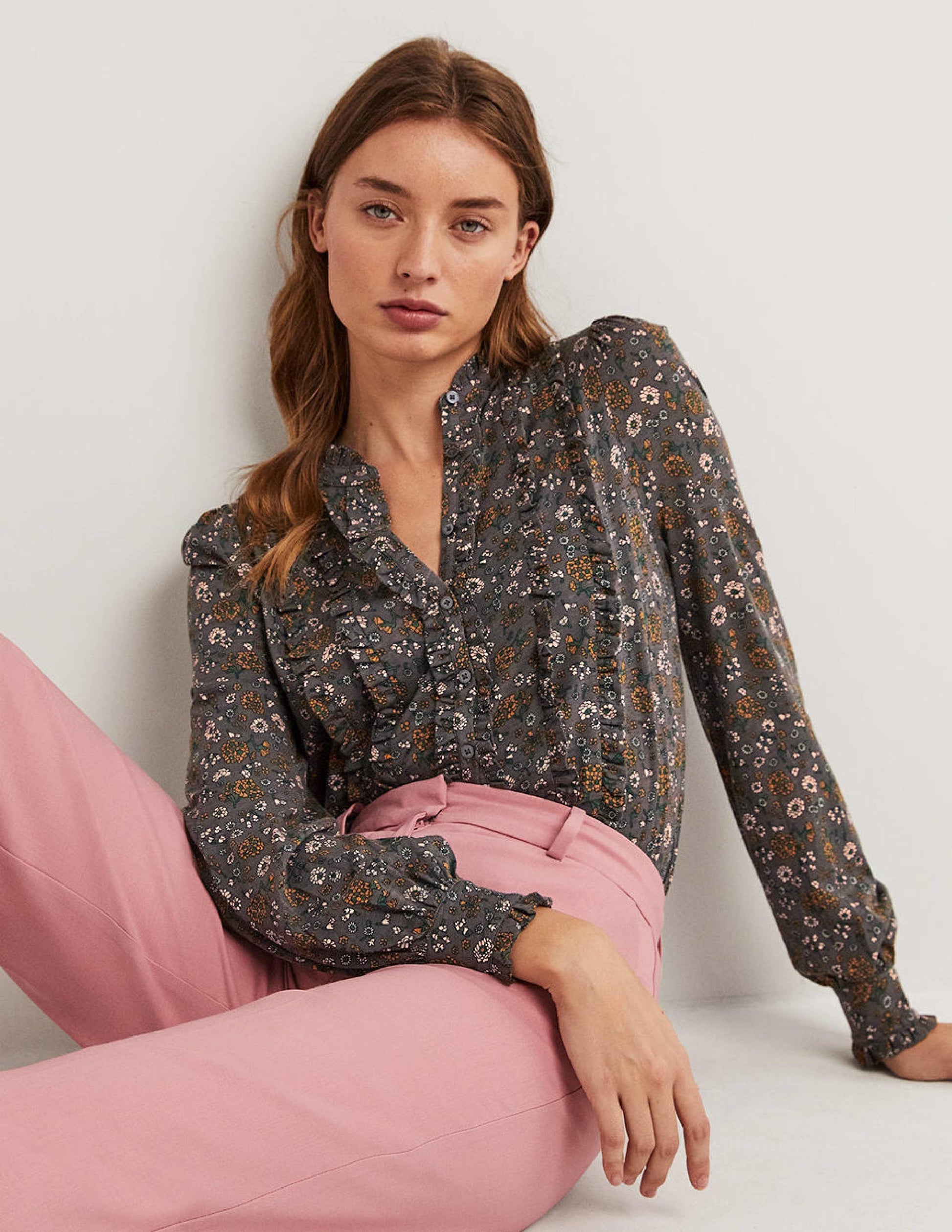 Ruffle Jersey Shirt-Grey Ditsy Charm-1