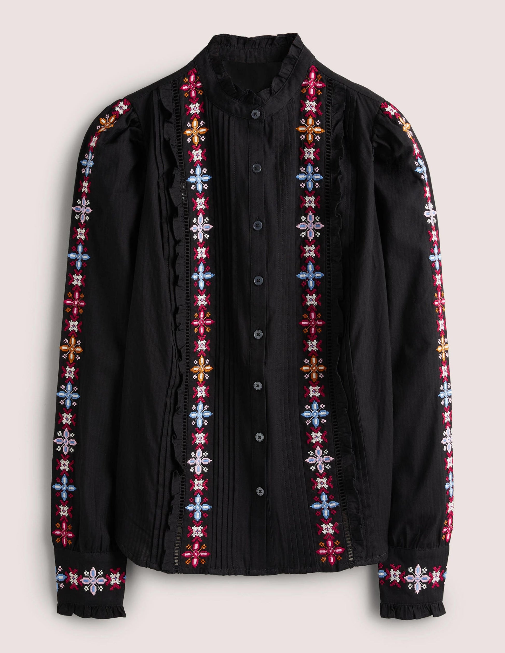 Embroidered High Neck Shirt-Black-6
