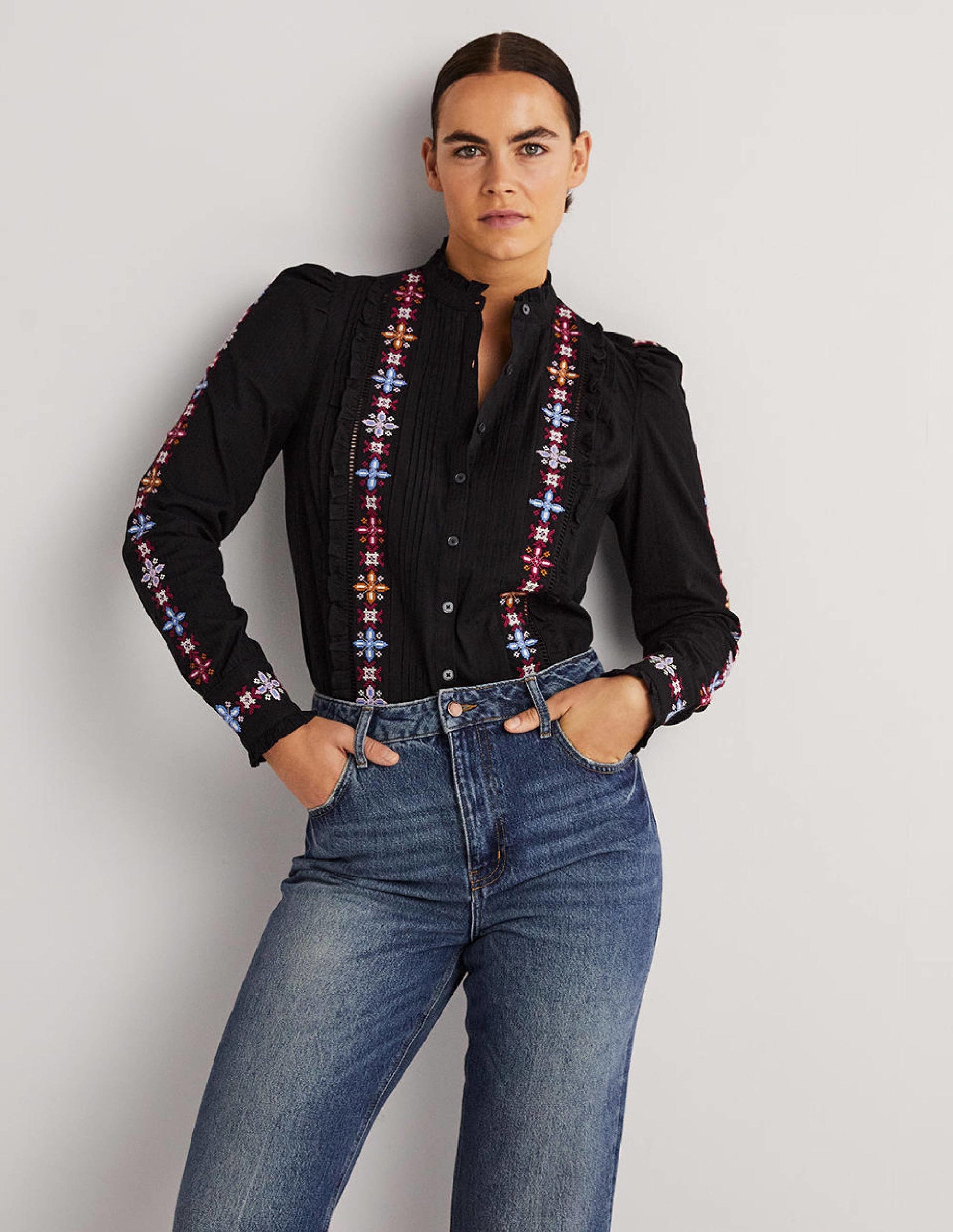 Embroidered High Neck Shirt-Black-1