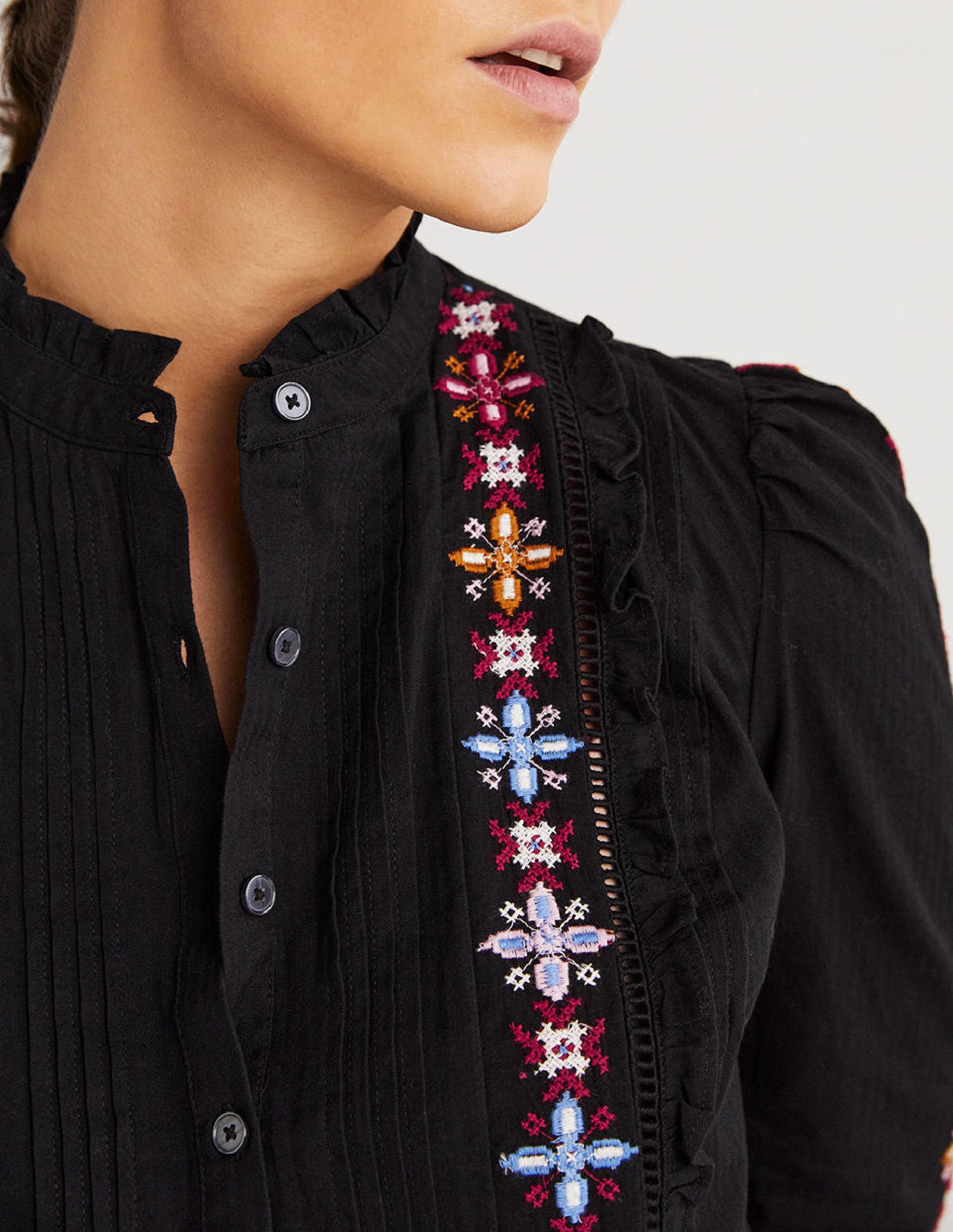 Embroidered High Neck Shirt-Black - Image 2
