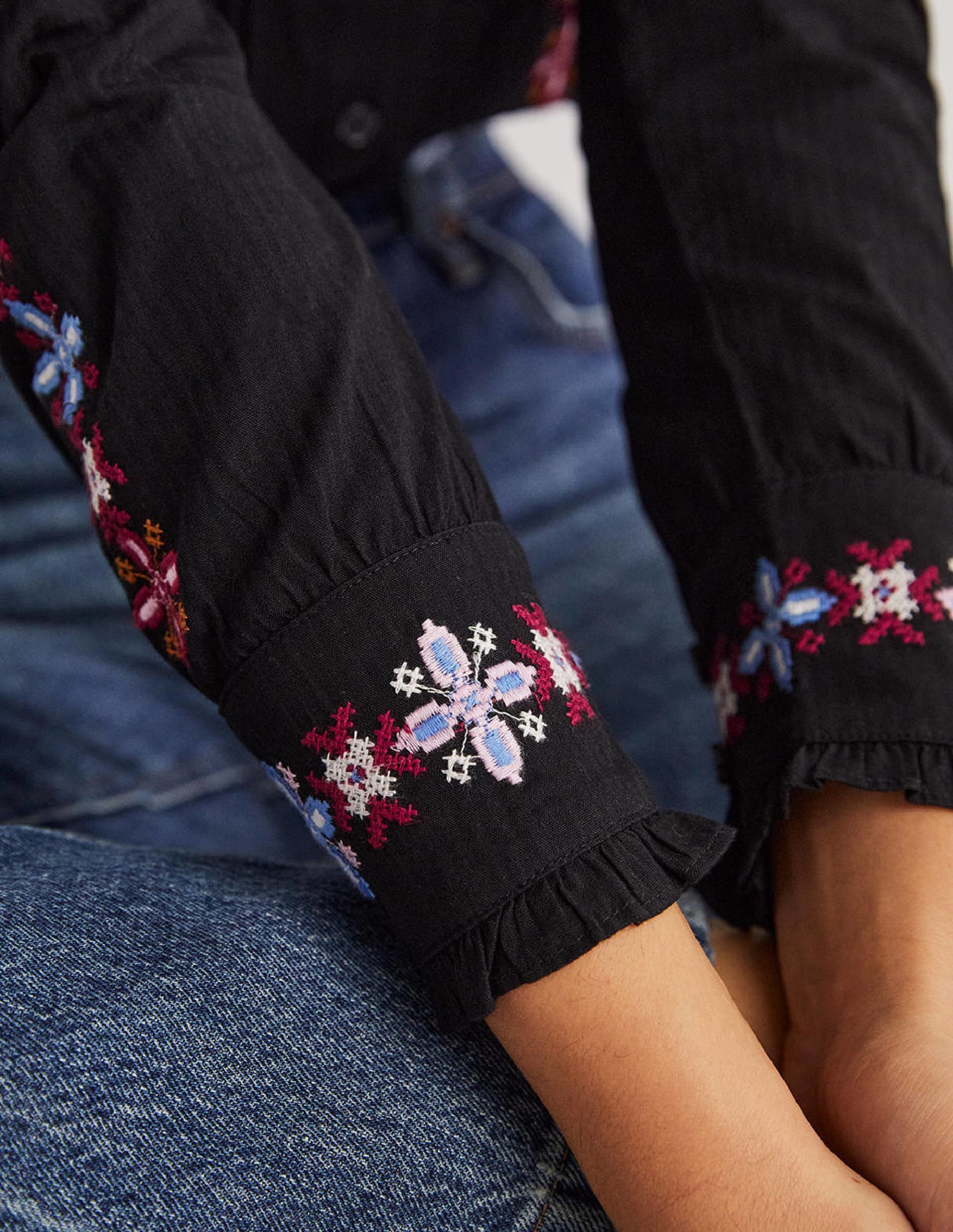 Embroidered High Neck Shirt-Black - Image 4