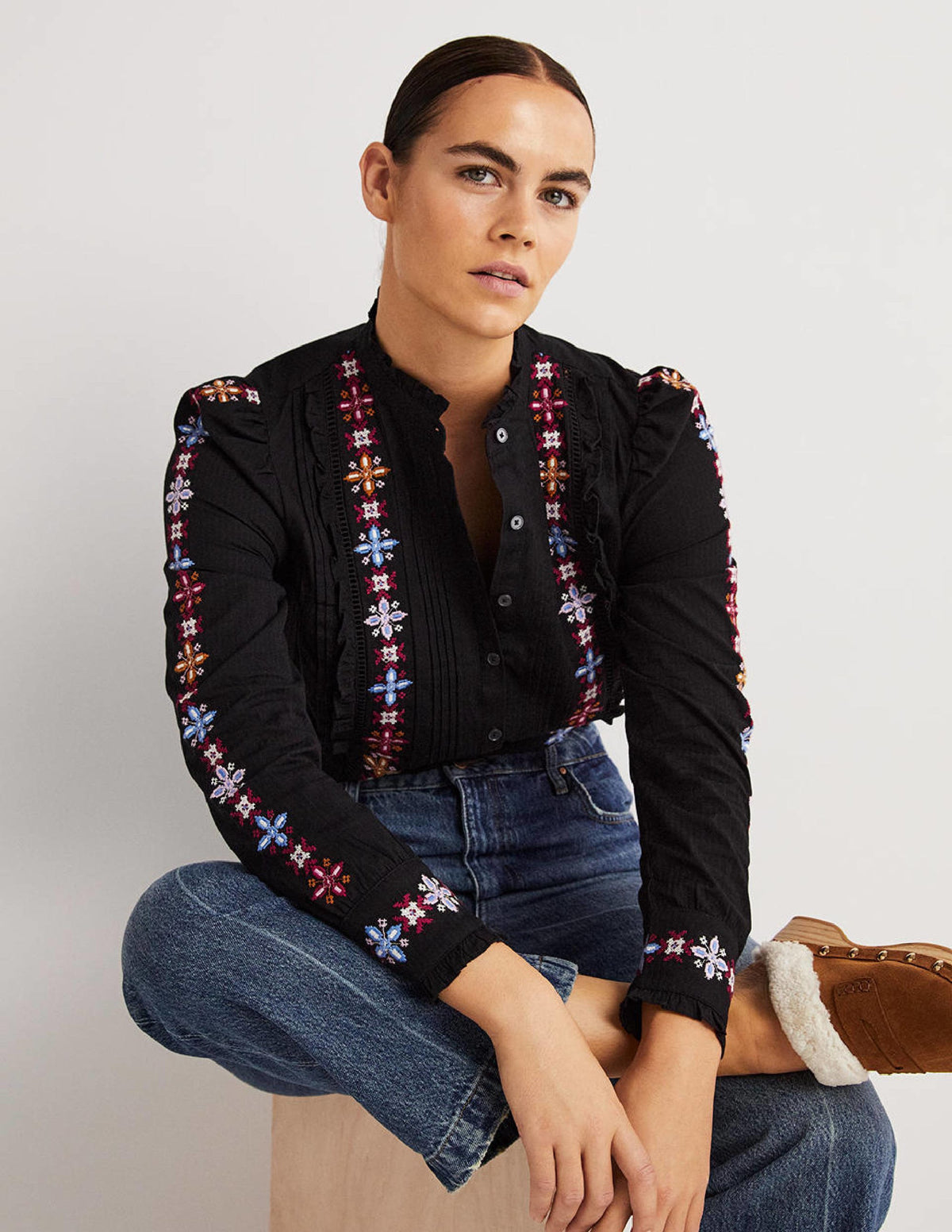 Embroidered High Neck Shirt-Black - Image 5