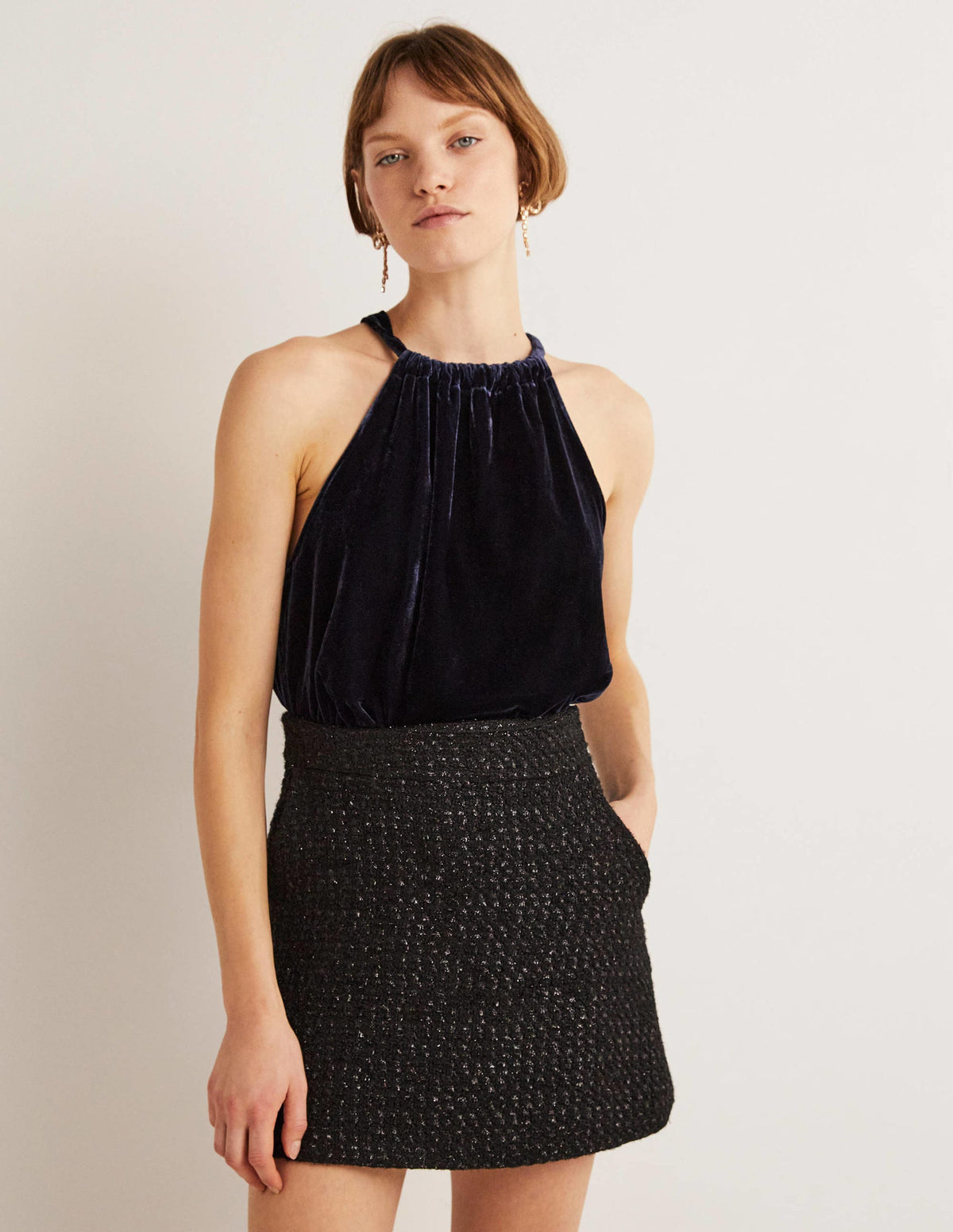 Velvet Halterneck Top-Navy - Image 1