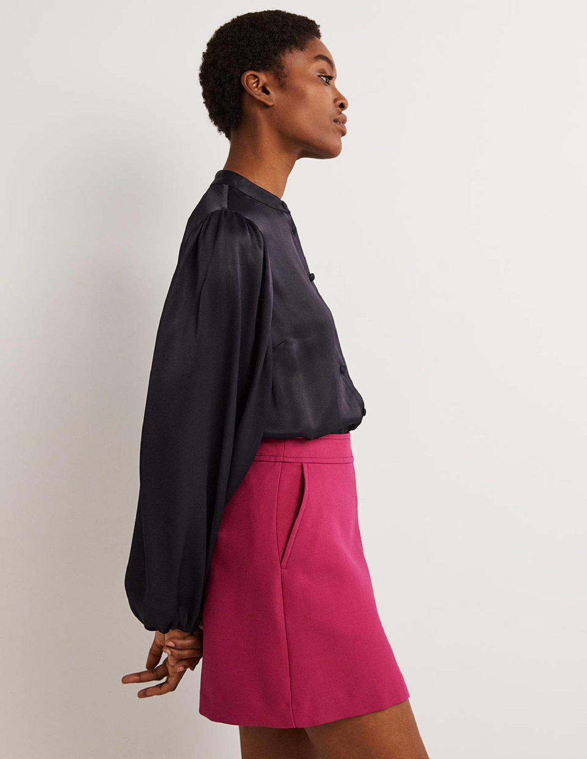Blouson Sleeve Satin Shirt-Navy - Image 1