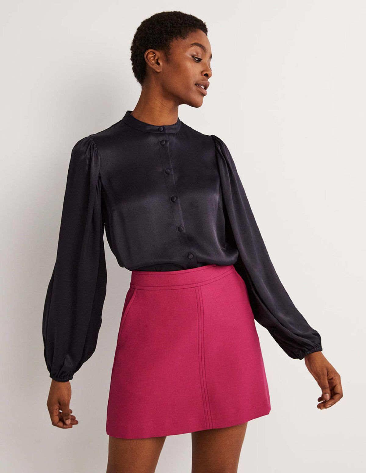 Blouson Sleeve Satin Shirt-Navy-2