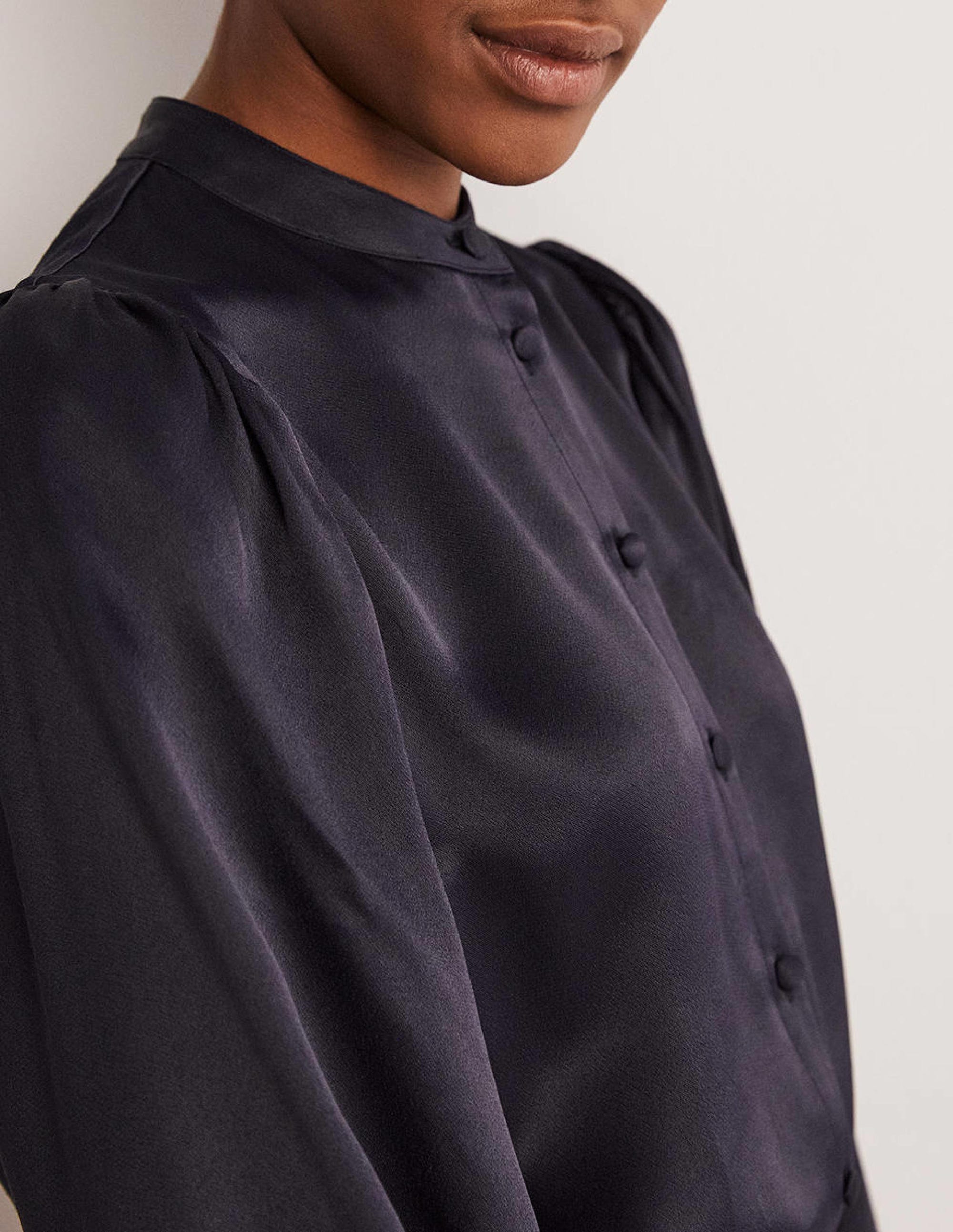 Blouson Sleeve Satin Shirt-Navy - Image 3