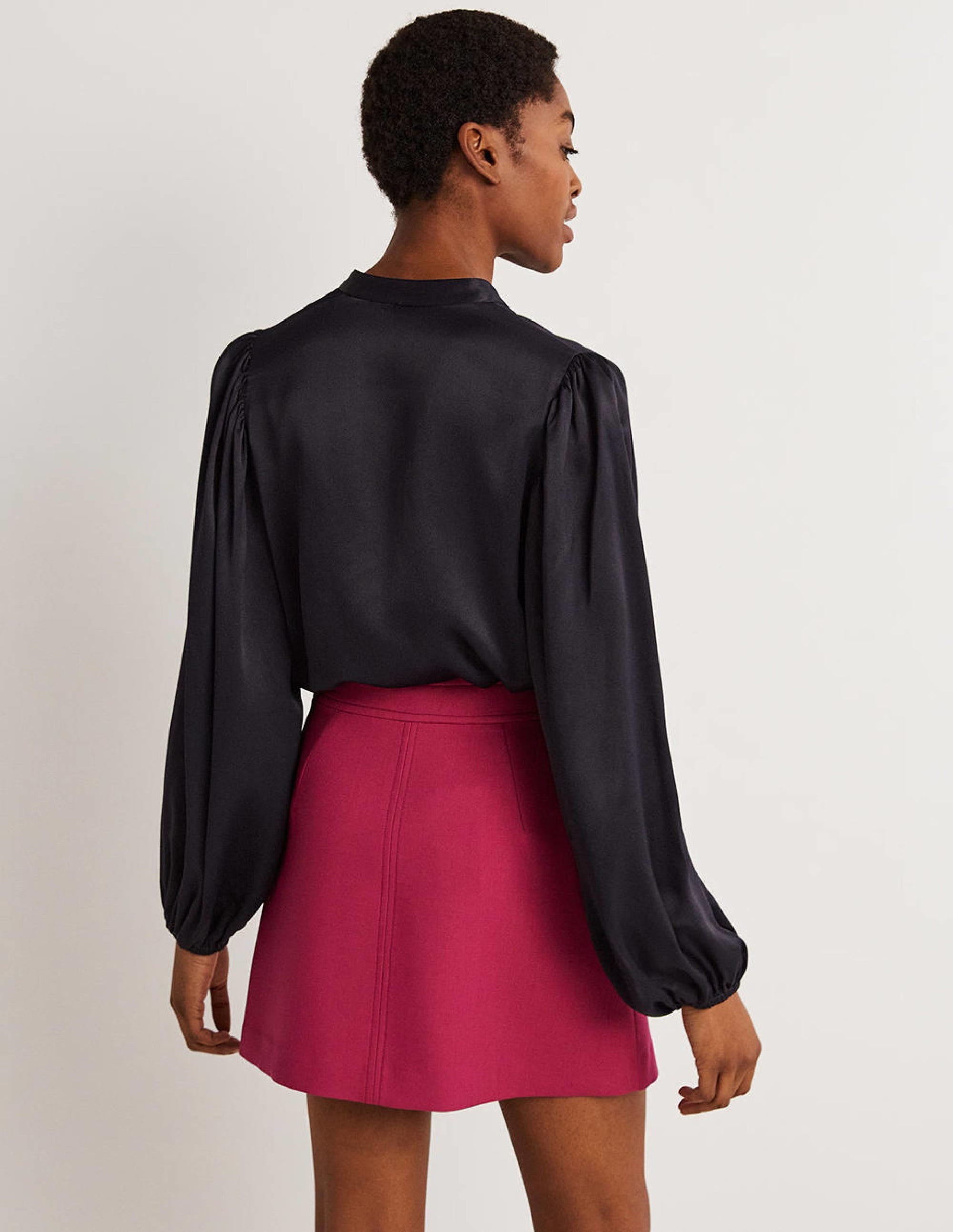 Blouson Sleeve Satin Shirt-Navy - Image 4