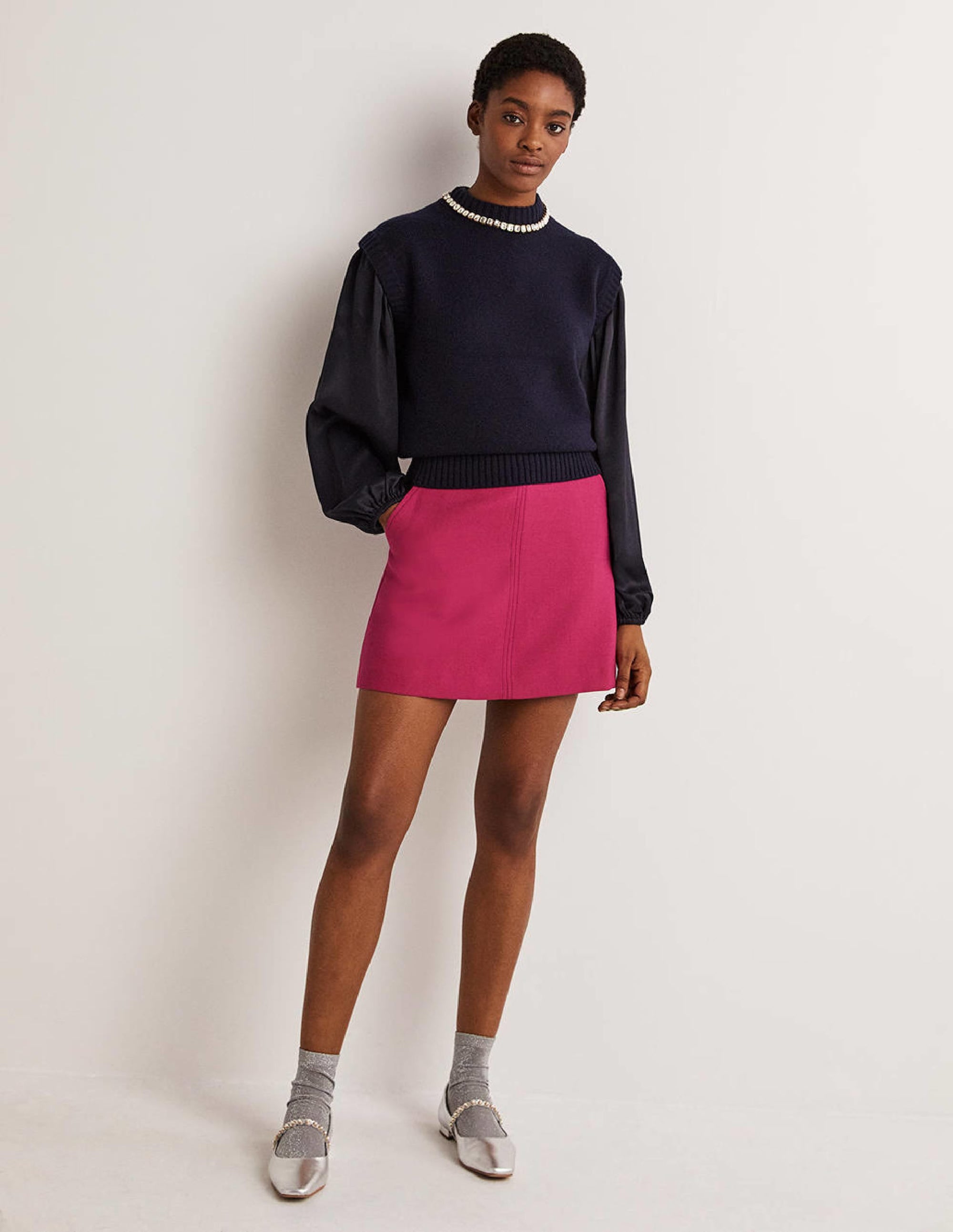 Blouson Sleeve Satin Shirt-Navy - Image 5