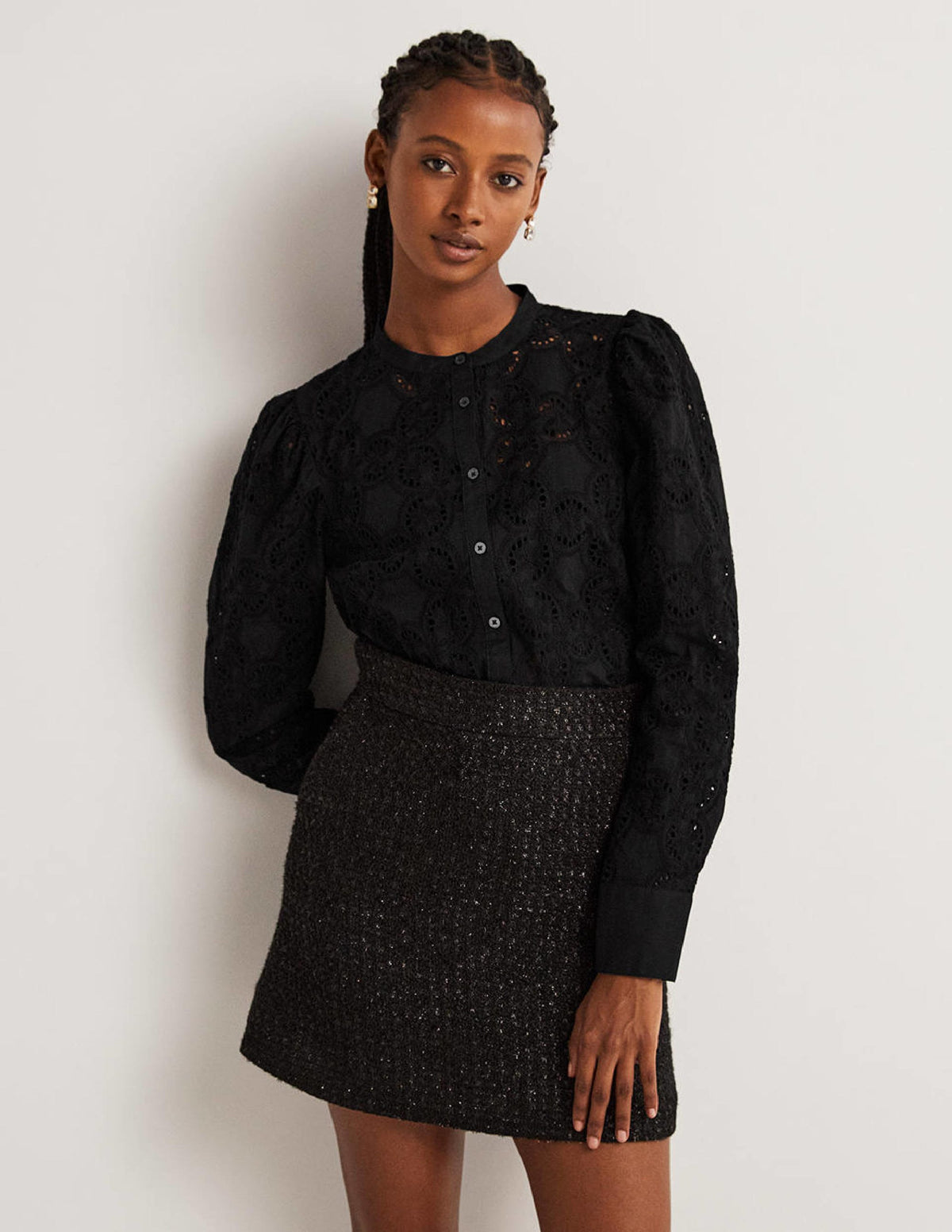 Mutton Sleeve Broderie Blouse-Black-1