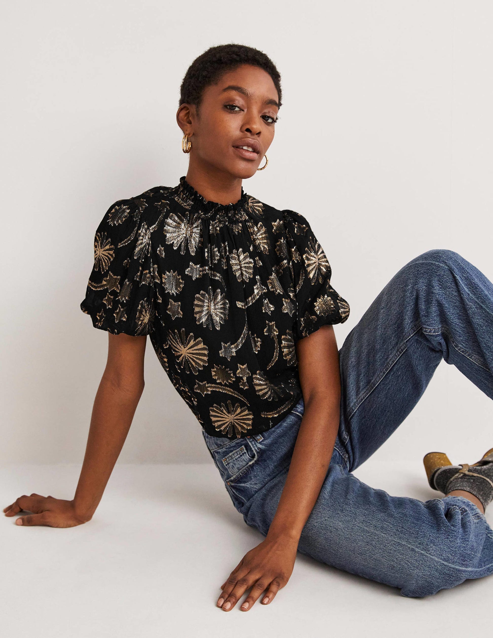 Smocked Neck Party Top-Clip Jacquard-1