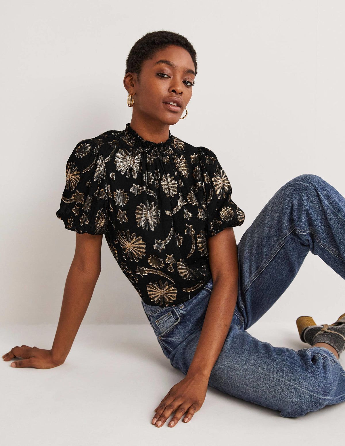 Smocked Neck Party Top-Clip Jacquard - Image 1