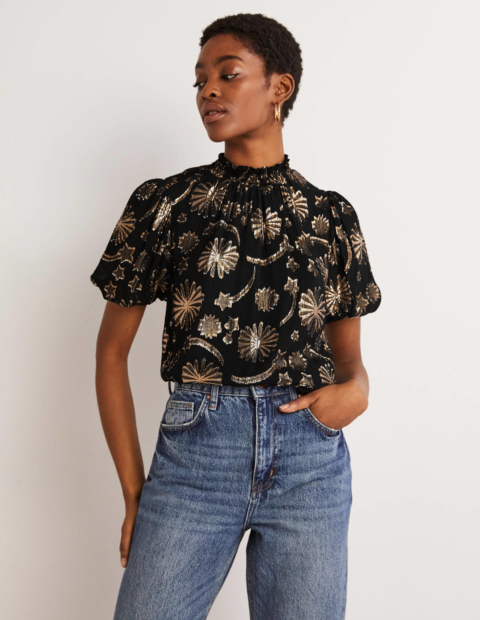 Smocked Neck Party Top-Clip Jacquard - Image 2
