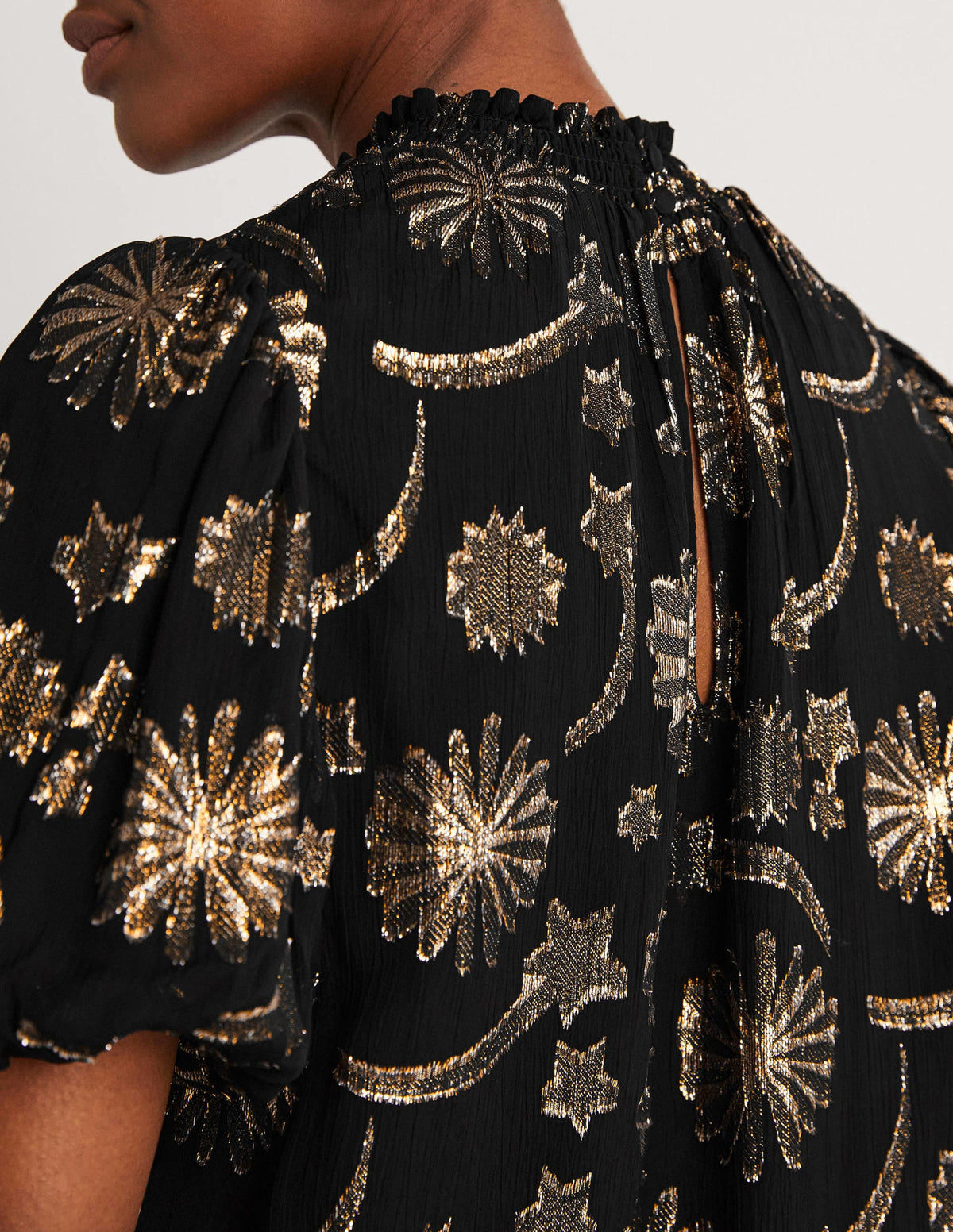 Smocked Neck Party Top-Clip Jacquard-3