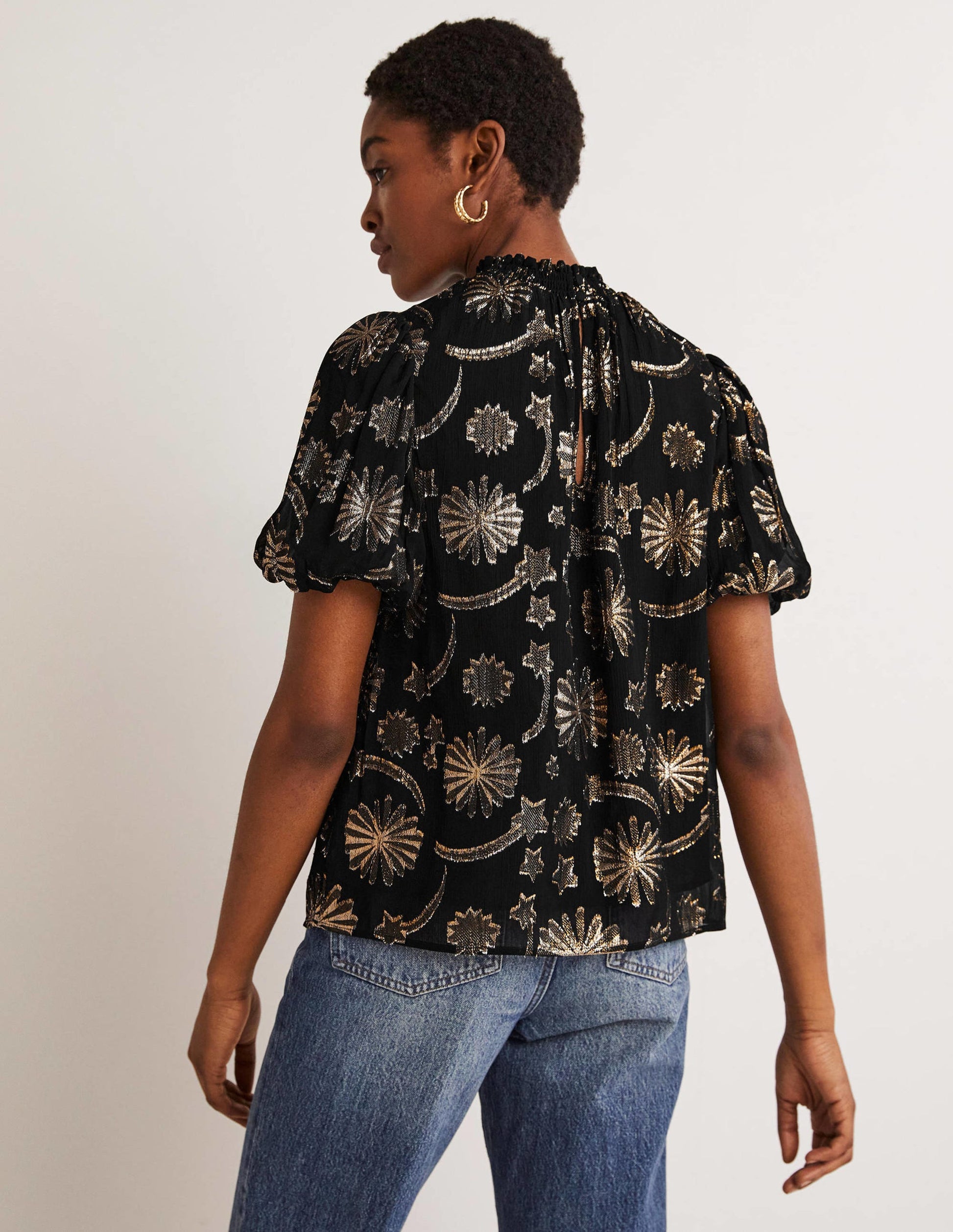 Smocked Neck Party Top-Clip Jacquard-4