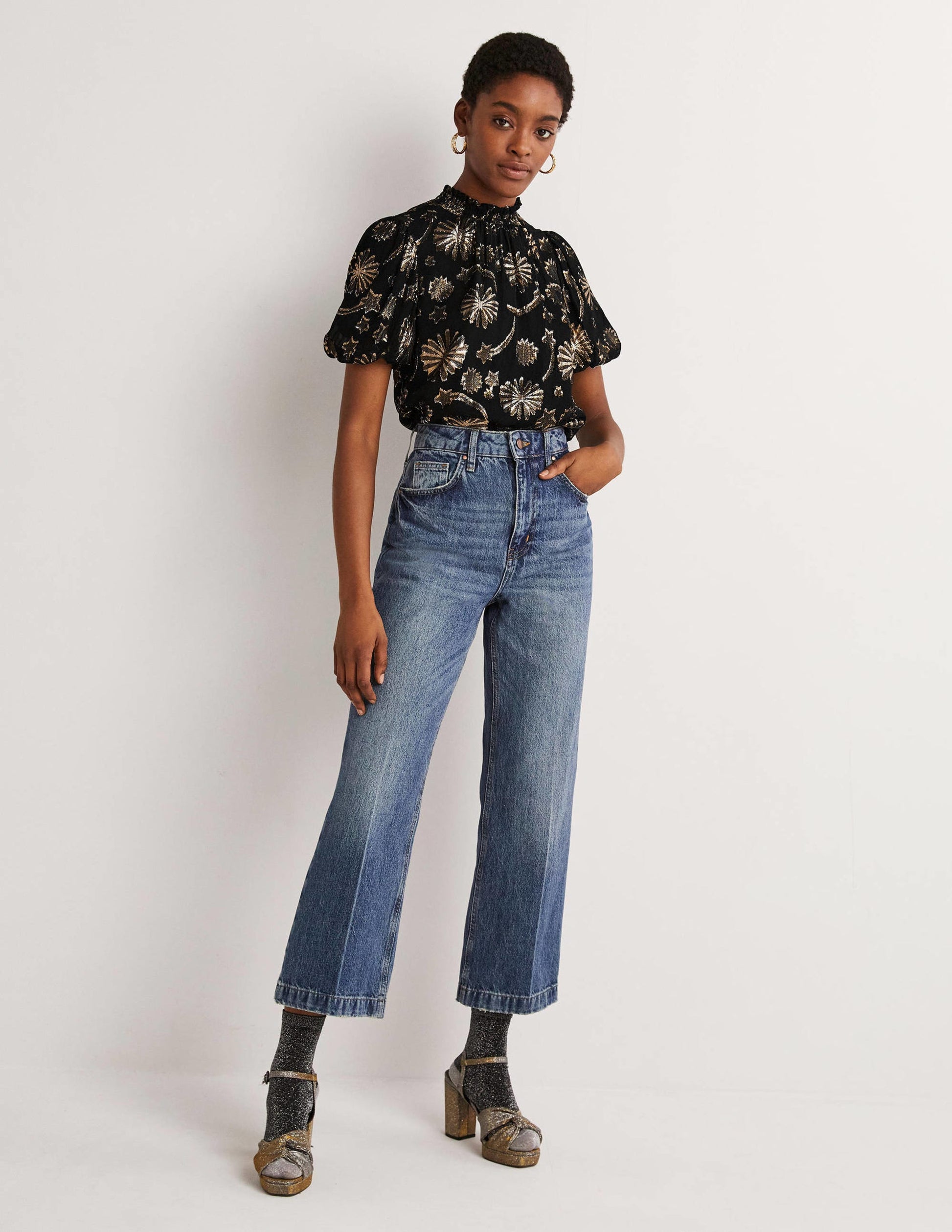 Smocked Neck Party Top-Clip Jacquard-5