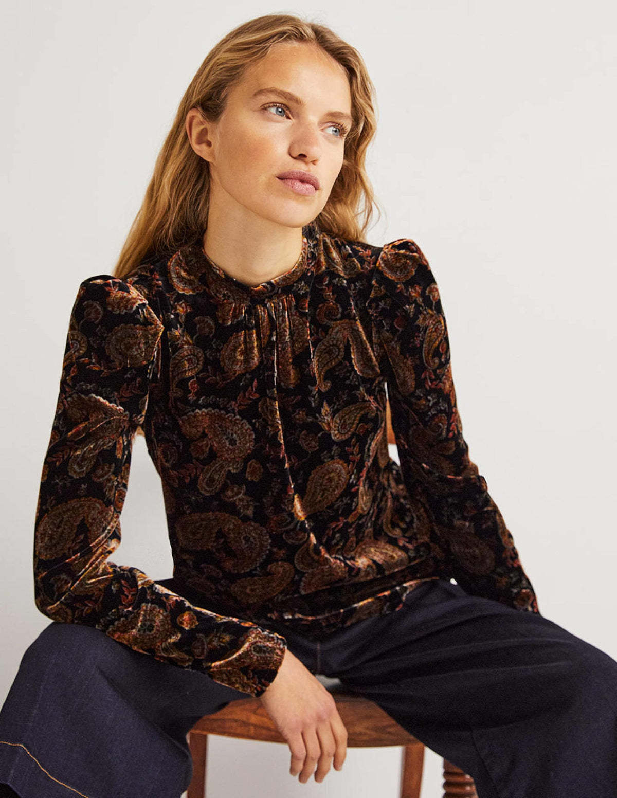 Black Paisley Mutton Sleeve Velvet Top-Black, Paisley Passion - Image 1