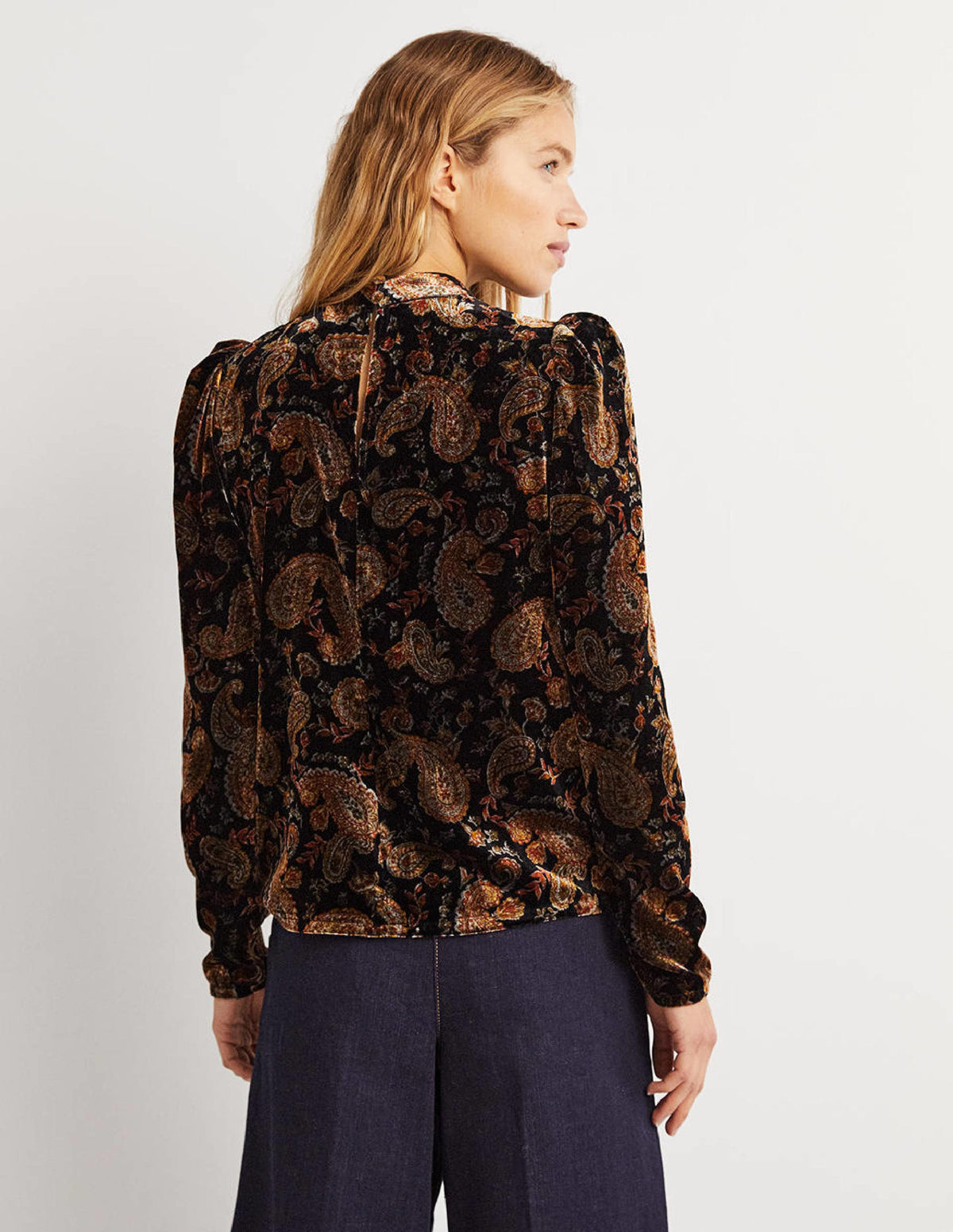 Black Paisley Mutton Sleeve Velvet Top-Black, Paisley Passion-3