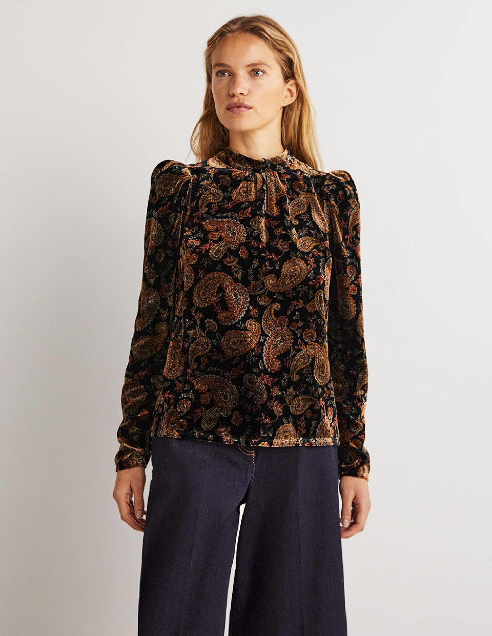Black Paisley Mutton Sleeve Velvet Top-Black, Paisley Passion-4